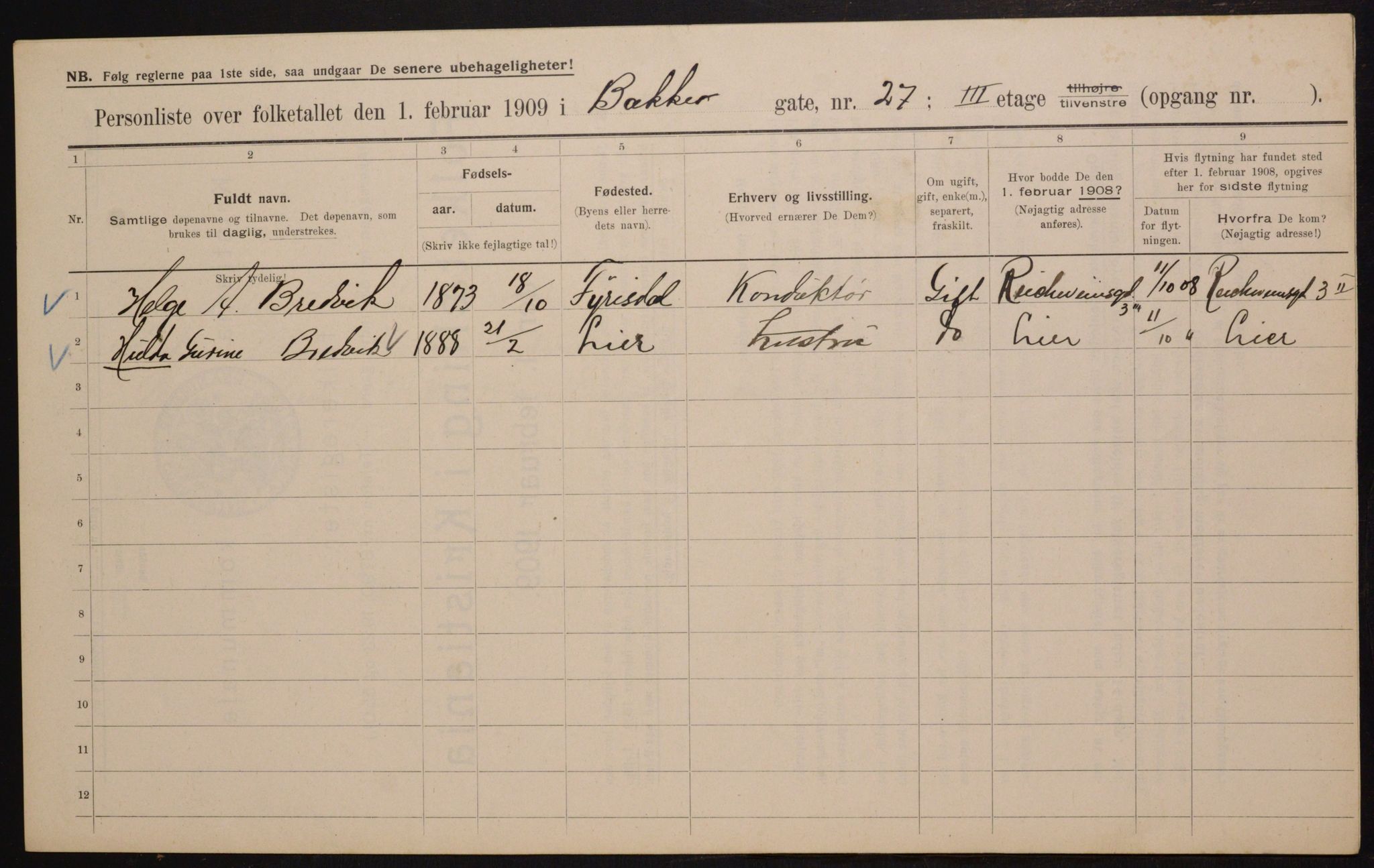 OBA, Municipal Census 1909 for Kristiania, 1909, p. 2787