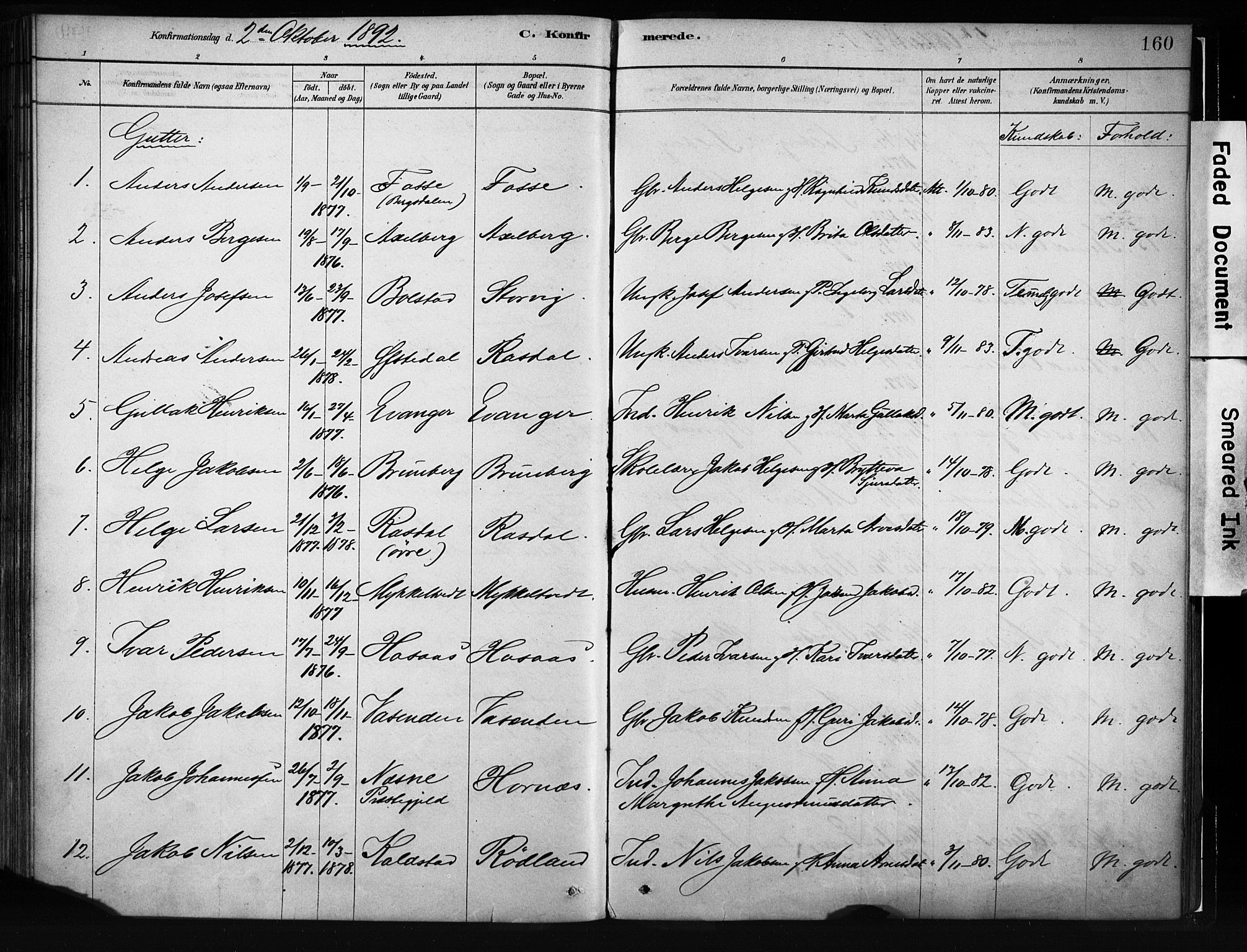 Evanger sokneprestembete, SAB/A-99924: Parish register (official) no. A 1, 1877-1899, p. 160