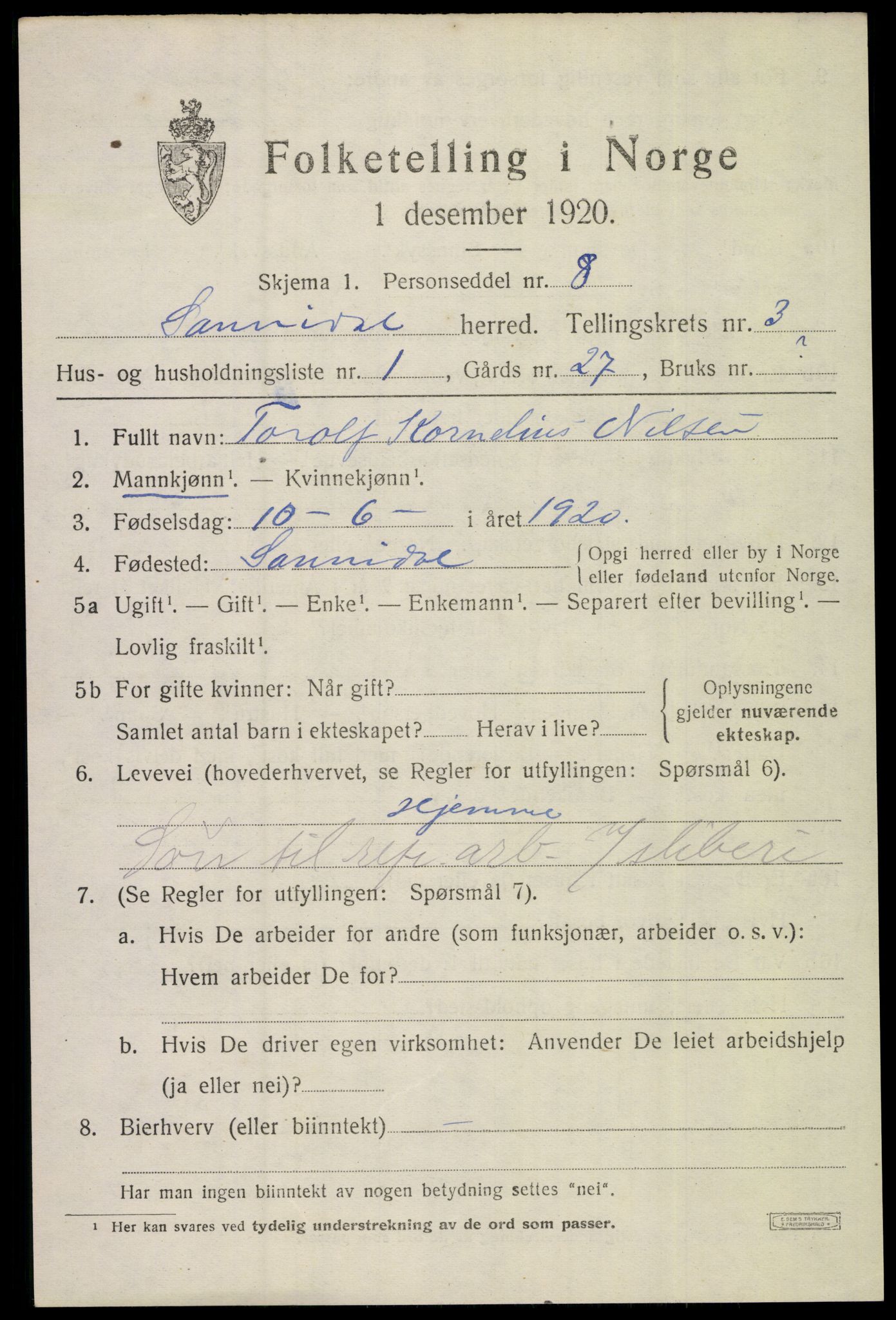 SAKO, 1920 census for Sannidal, 1920, p. 2183