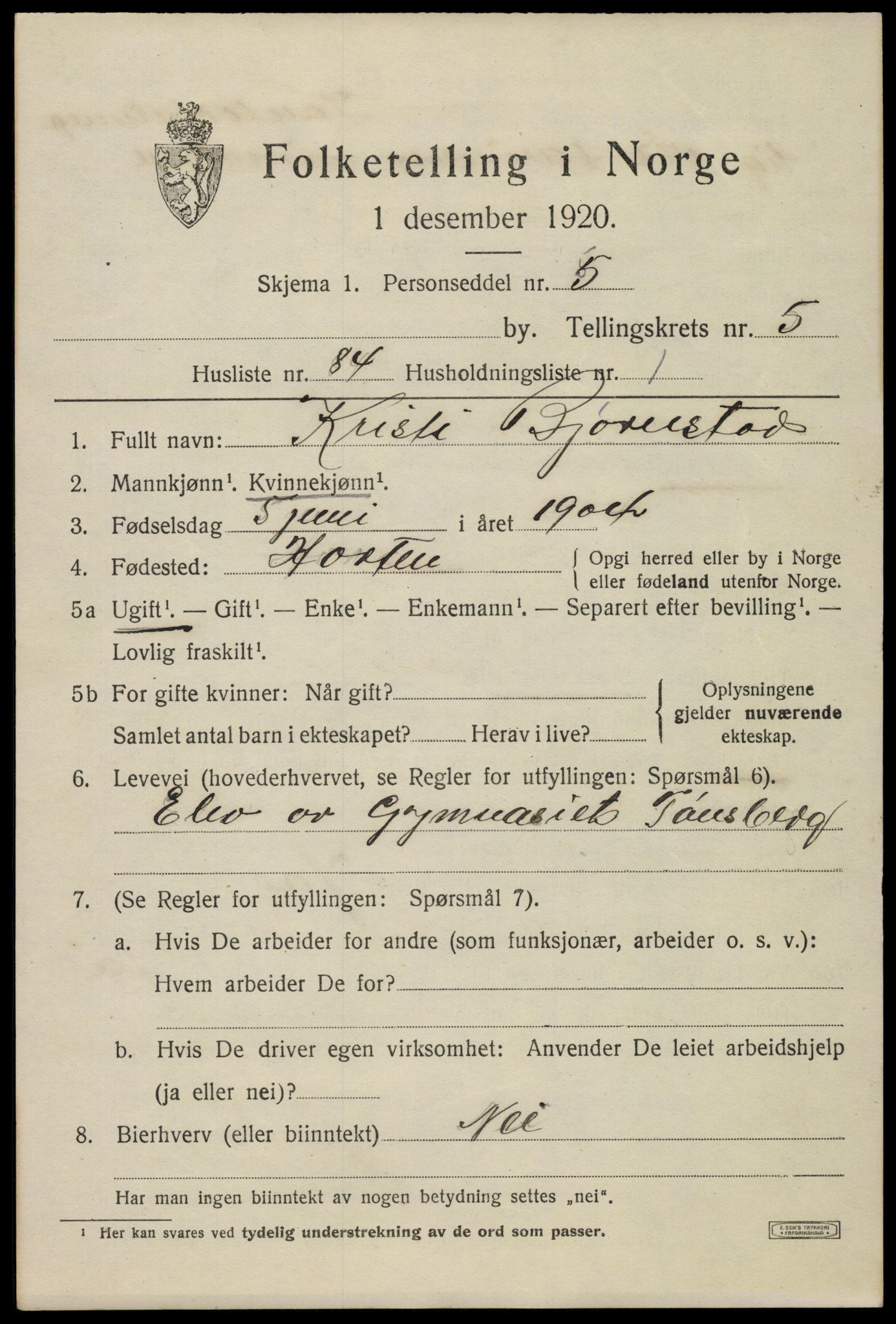 SAKO, 1920 census for Horten, 1920, p. 20729