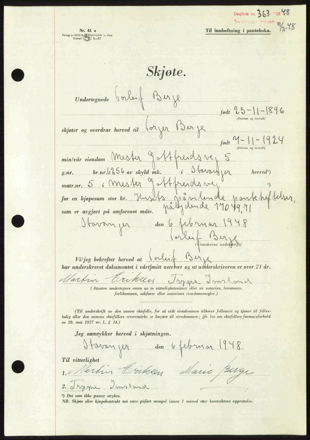 Stavanger byrett, SAST/A-100455/002/G/Gb/L0022: Mortgage book no. A11, 1947-1948, Diary no: : 363/1948