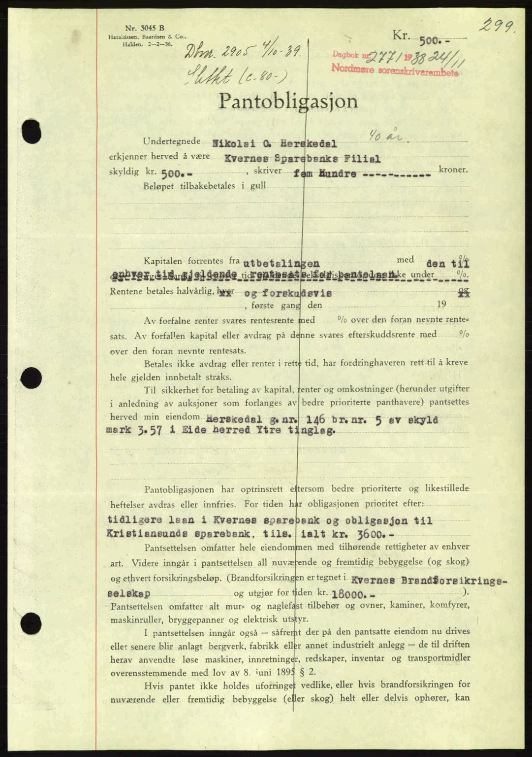 Nordmøre sorenskriveri, SAT/A-4132/1/2/2Ca: Mortgage book no. B84, 1938-1939, Diary no: : 2771/1938