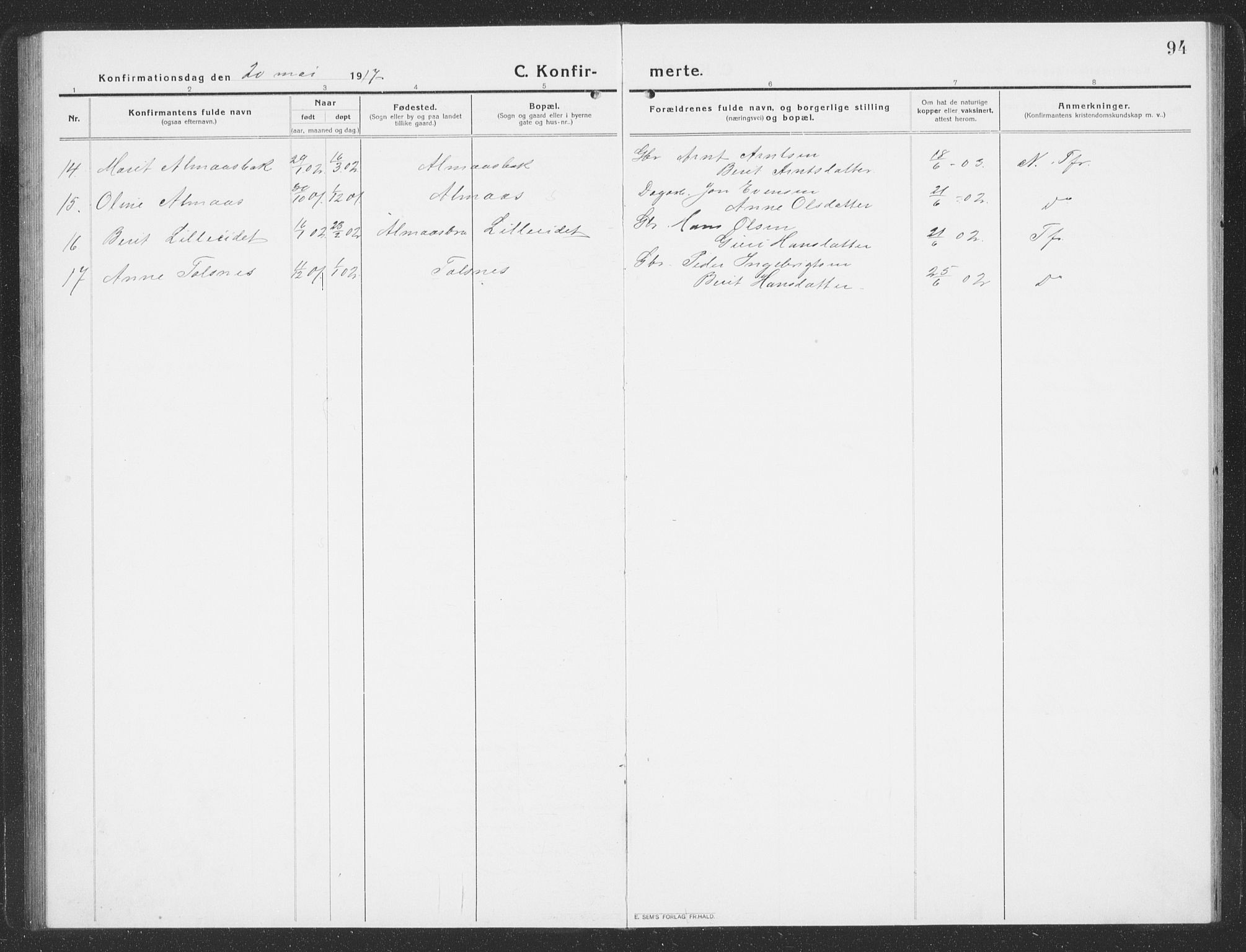 Ministerialprotokoller, klokkerbøker og fødselsregistre - Sør-Trøndelag, SAT/A-1456/688/L1030: Parish register (copy) no. 688C05, 1916-1939, p. 94