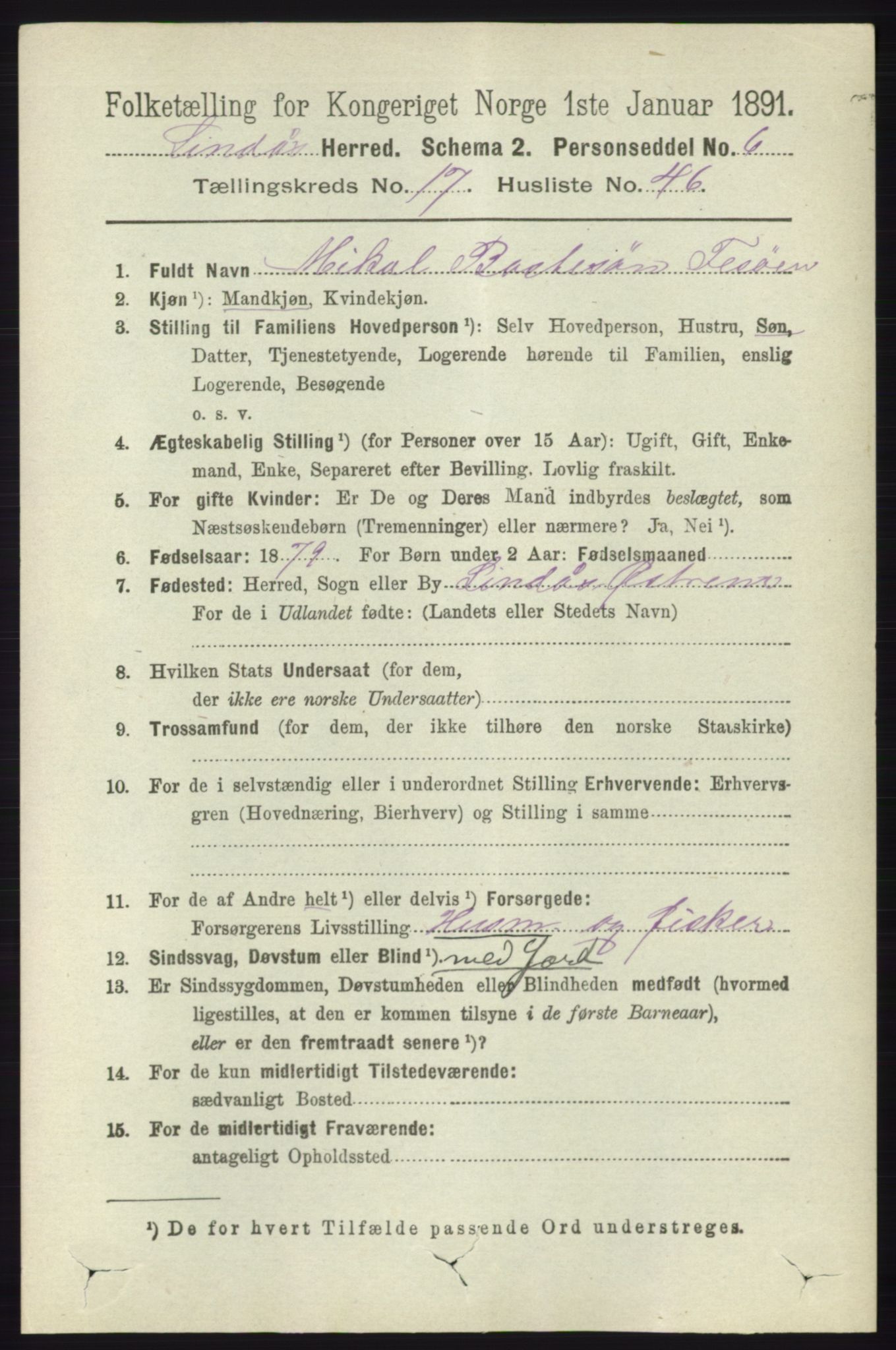 RA, 1891 census for 1263 Lindås, 1891, p. 6453