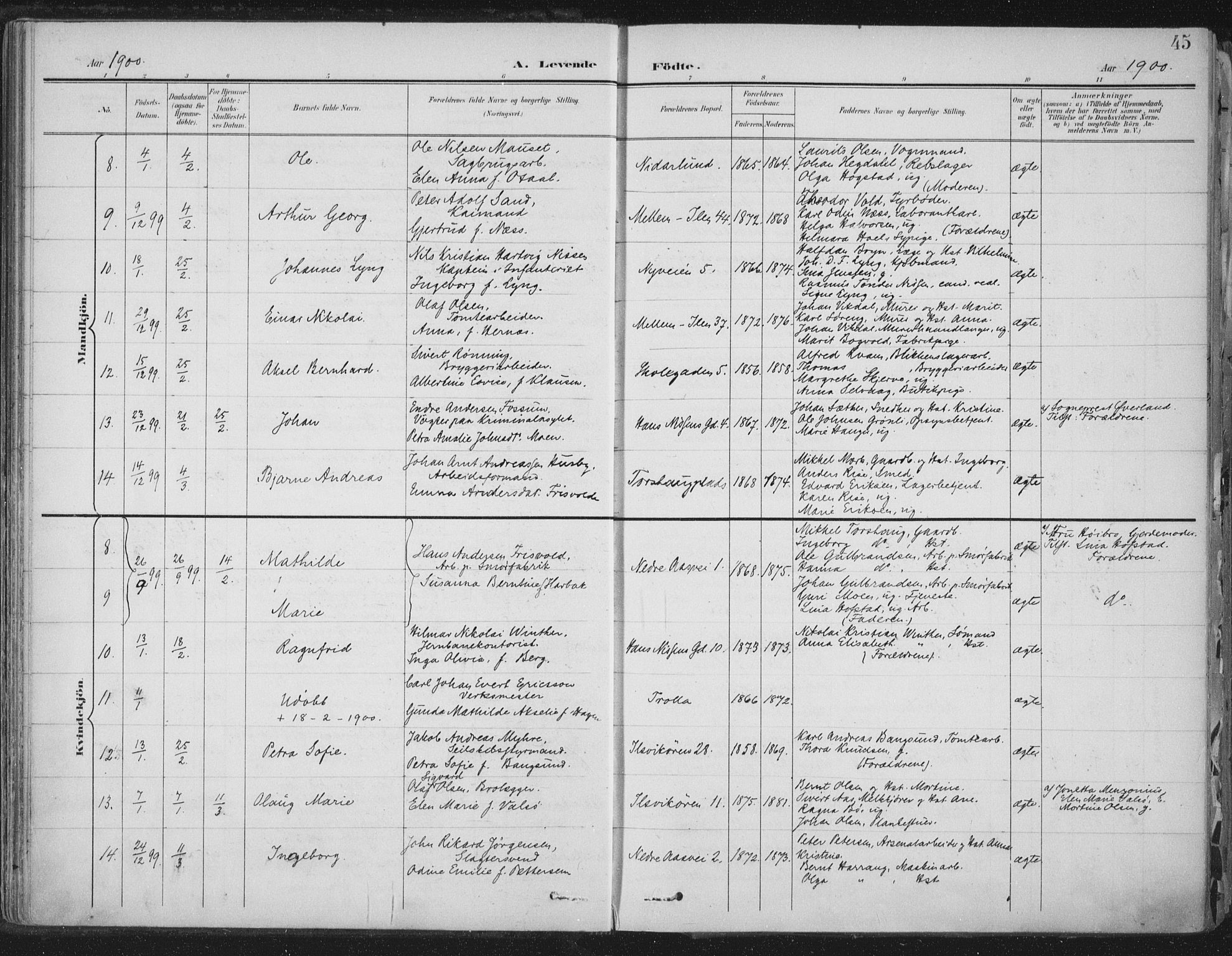Ministerialprotokoller, klokkerbøker og fødselsregistre - Sør-Trøndelag, SAT/A-1456/603/L0167: Parish register (official) no. 603A06, 1896-1932, p. 45