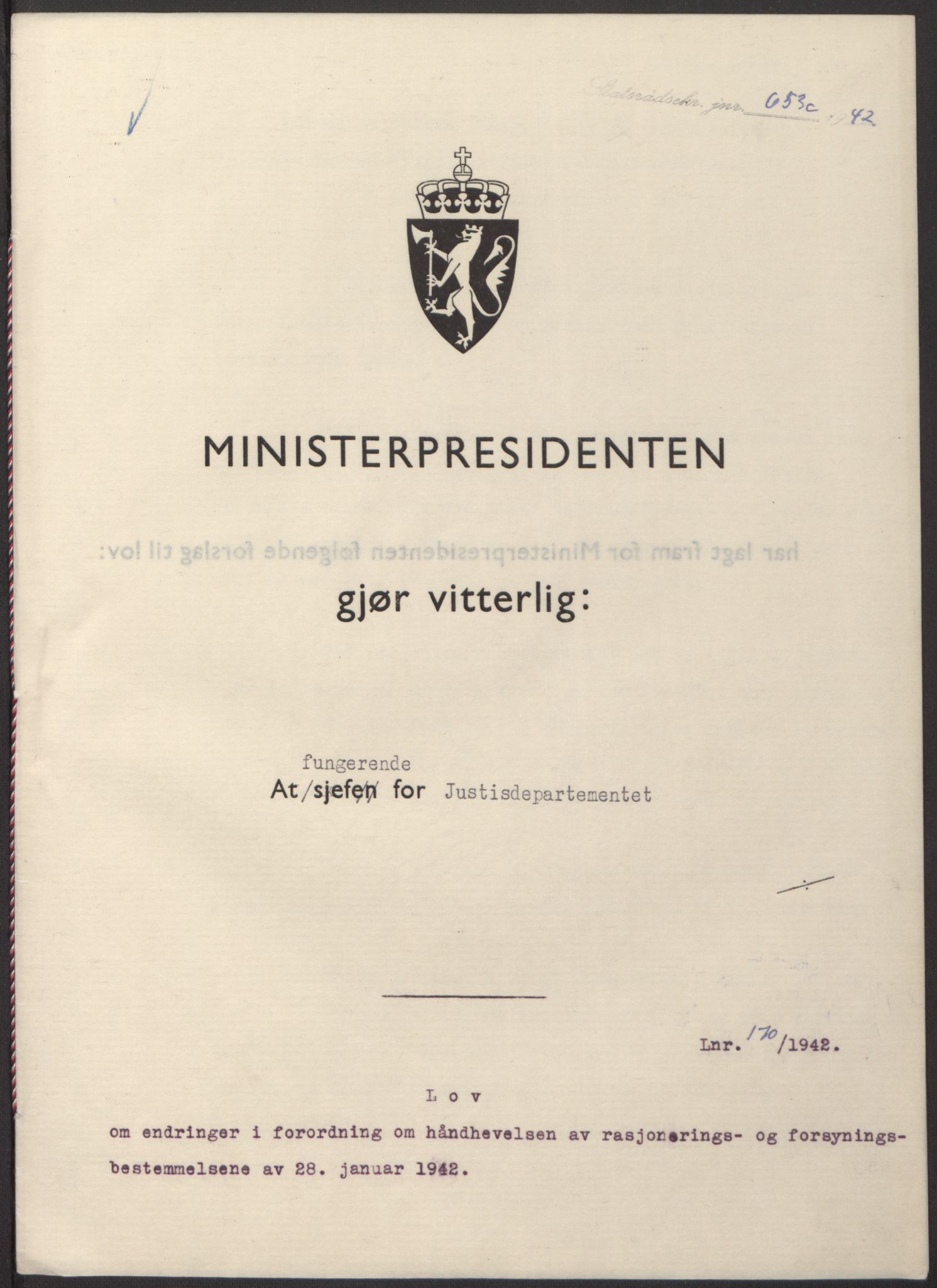 NS-administrasjonen 1940-1945 (Statsrådsekretariatet, de kommisariske statsråder mm), RA/S-4279/D/Db/L0098: Lover II, 1942, p. 267