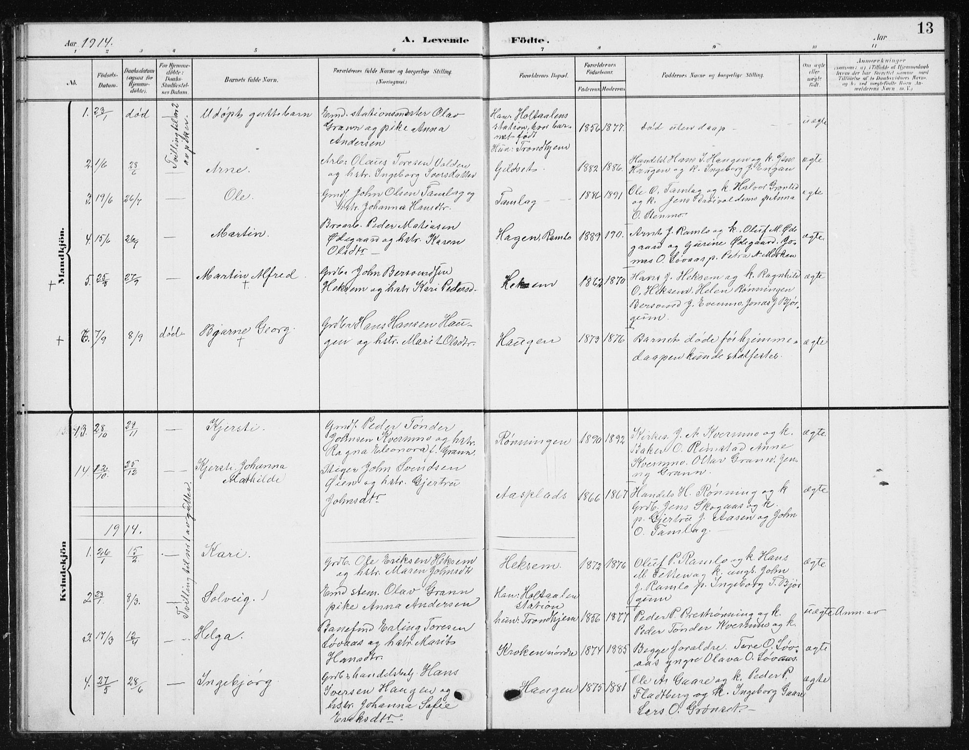 Ministerialprotokoller, klokkerbøker og fødselsregistre - Sør-Trøndelag, SAT/A-1456/685/L0979: Parish register (copy) no. 685C04, 1908-1933, p. 13