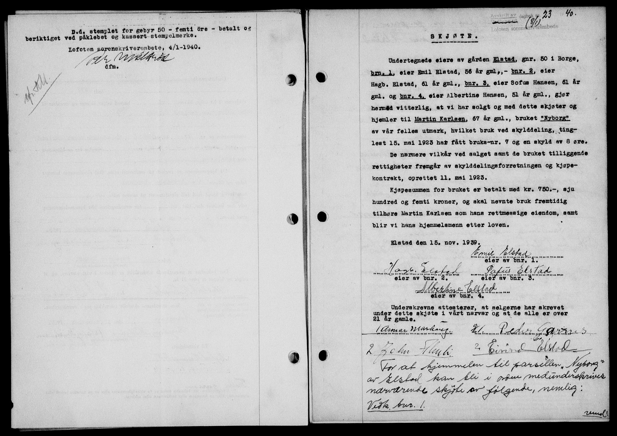 Lofoten sorenskriveri, SAT/A-0017/1/2/2C/L0007a: Mortgage book no. 7a, 1939-1940, Diary no: : 23/1940