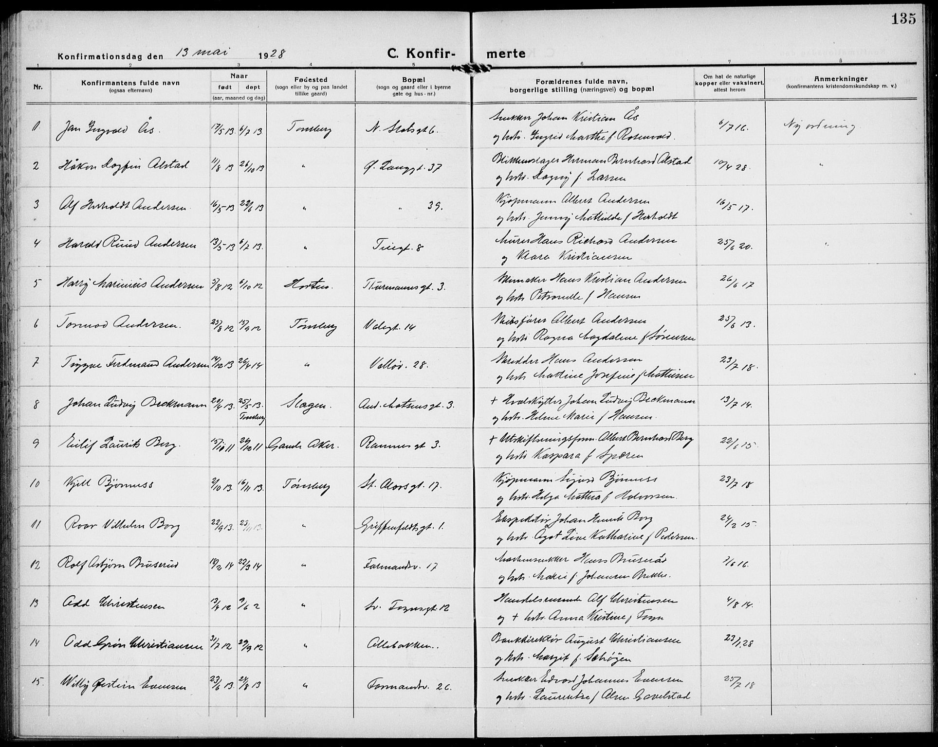 Tønsberg kirkebøker, AV/SAKO-A-330/G/Ga/L0013: Parish register (copy) no. 13, 1920-1929, p. 135