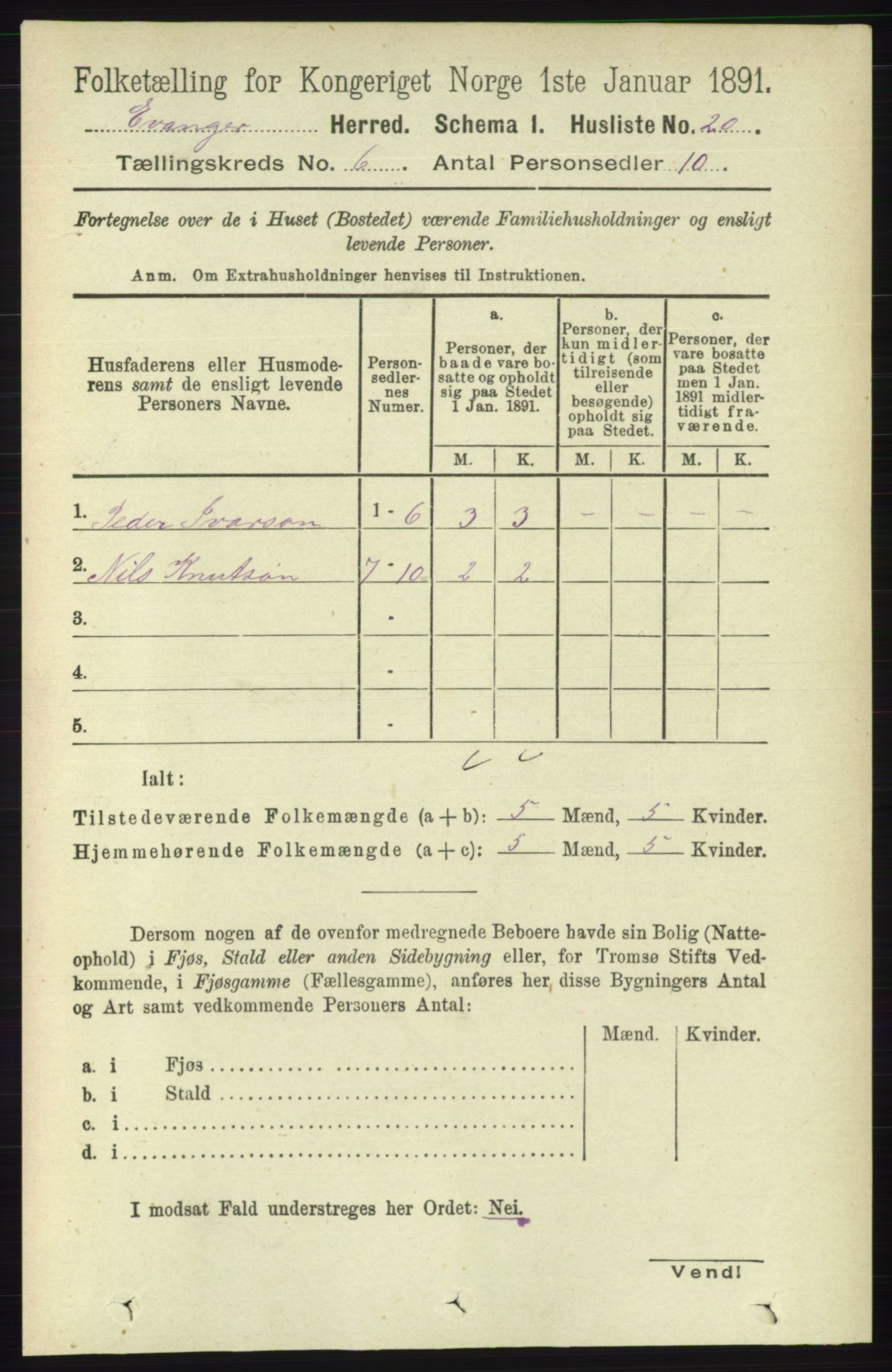 RA, 1891 census for 1237 Evanger, 1891, p. 1599