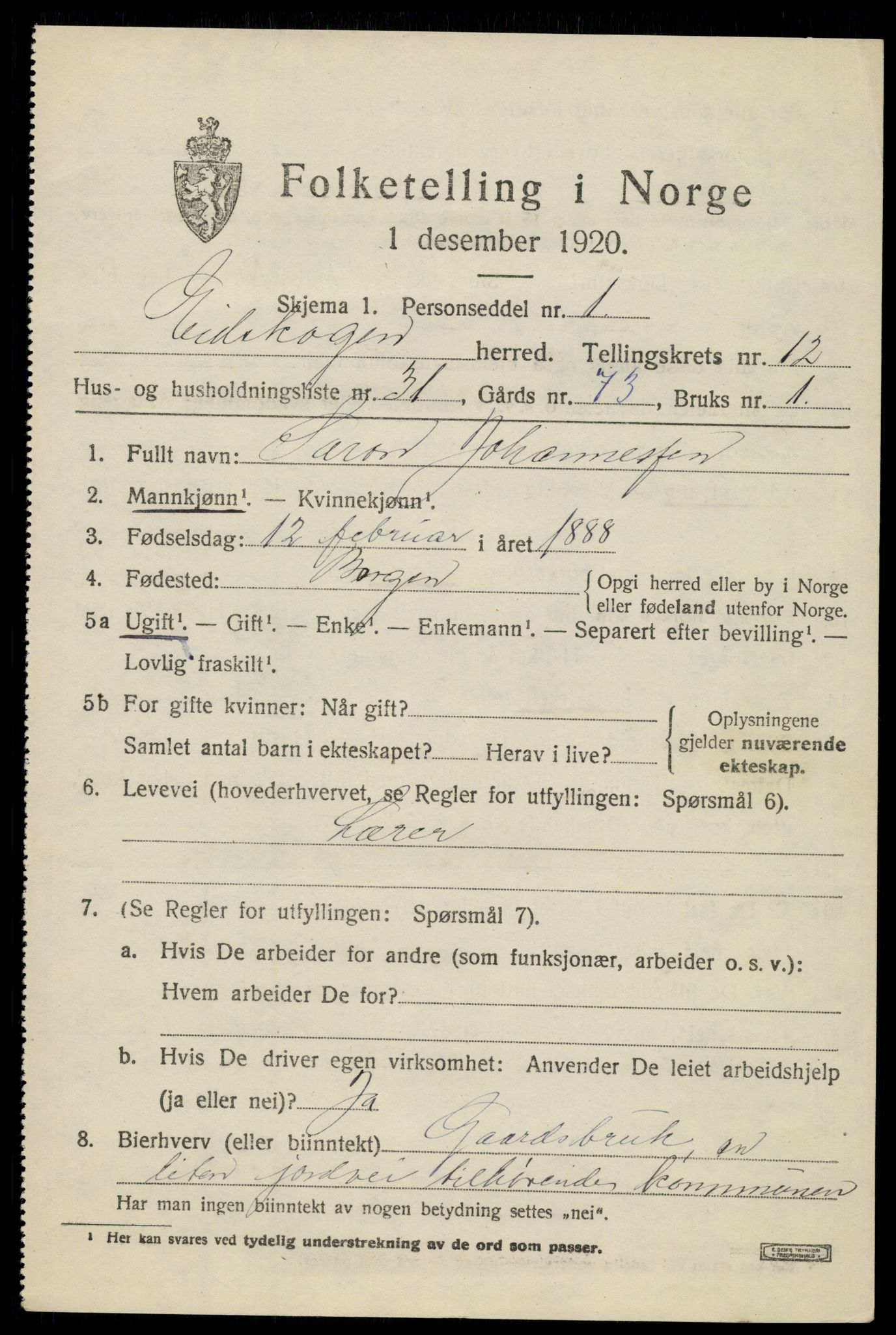 SAH, 1920 census for Eidskog, 1920, p. 12113