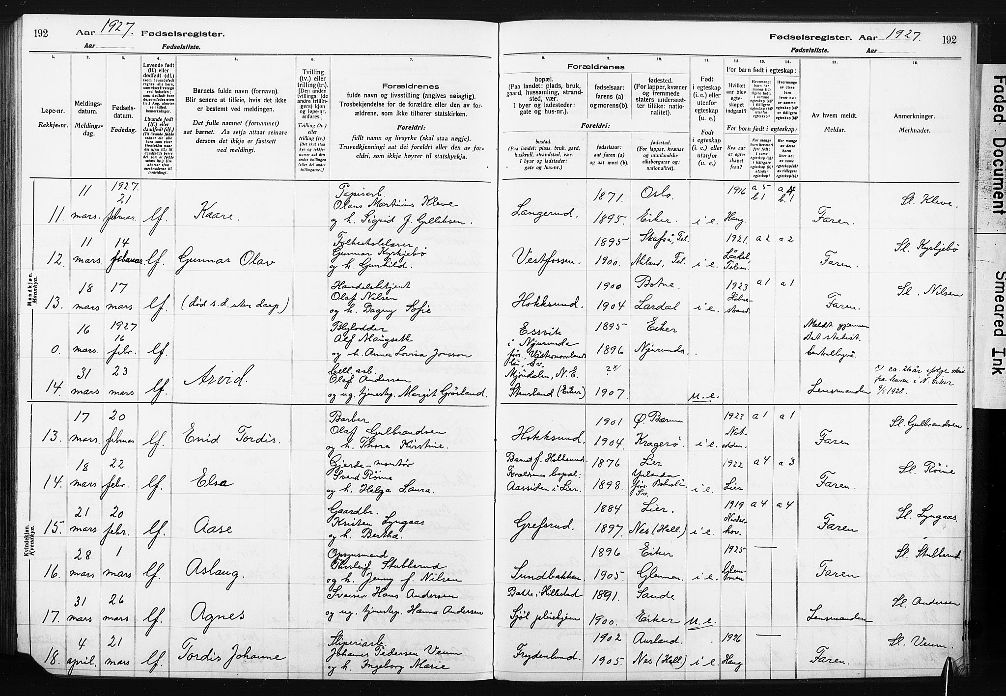 Eiker kirkebøker, AV/SAKO-A-4/J/Ja/L0001: Birth register no. I 1, 1916-1927, p. 192