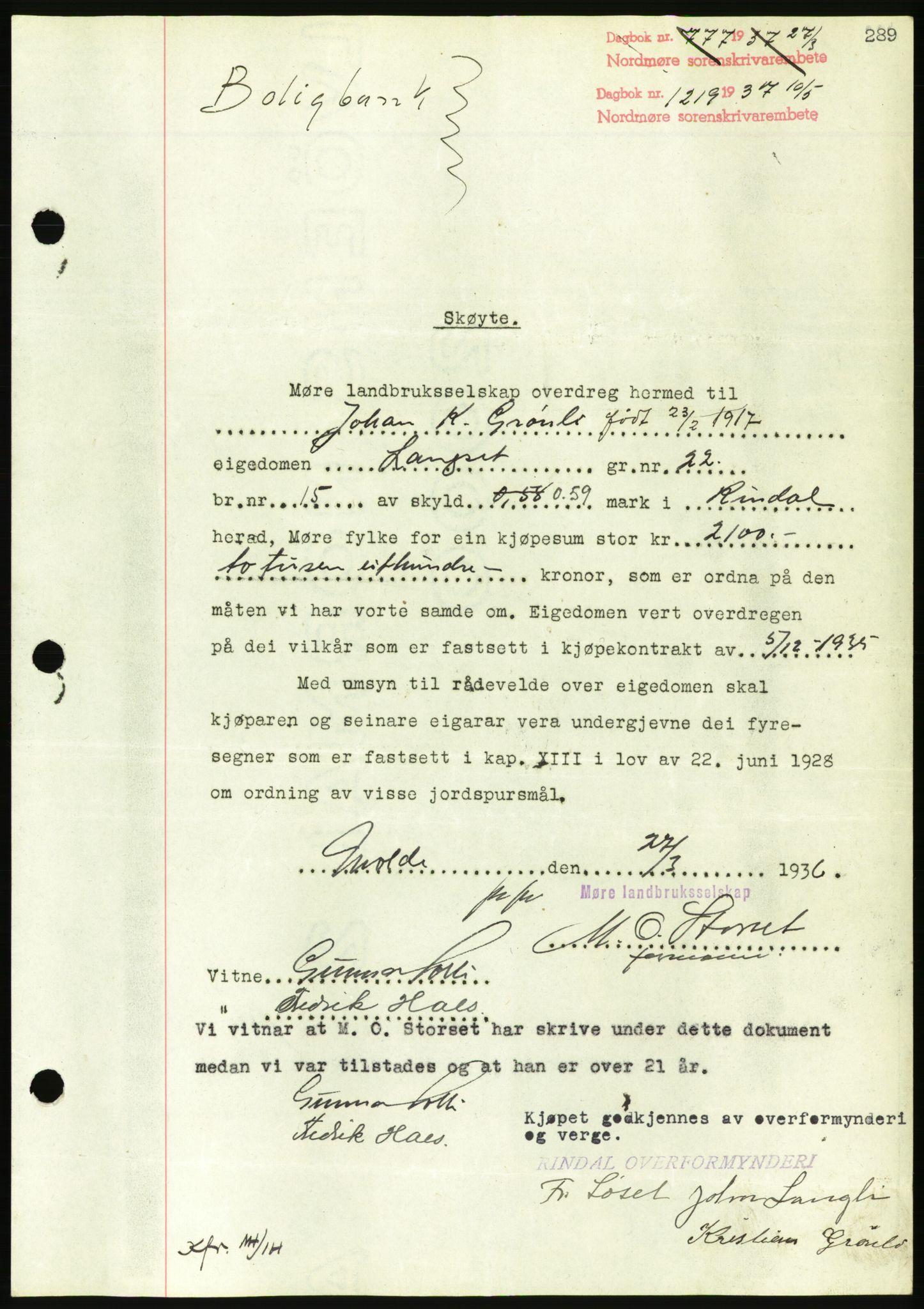 Nordmøre sorenskriveri, AV/SAT-A-4132/1/2/2Ca/L0091: Mortgage book no. B81, 1937-1937, Diary no: : 1219/1937