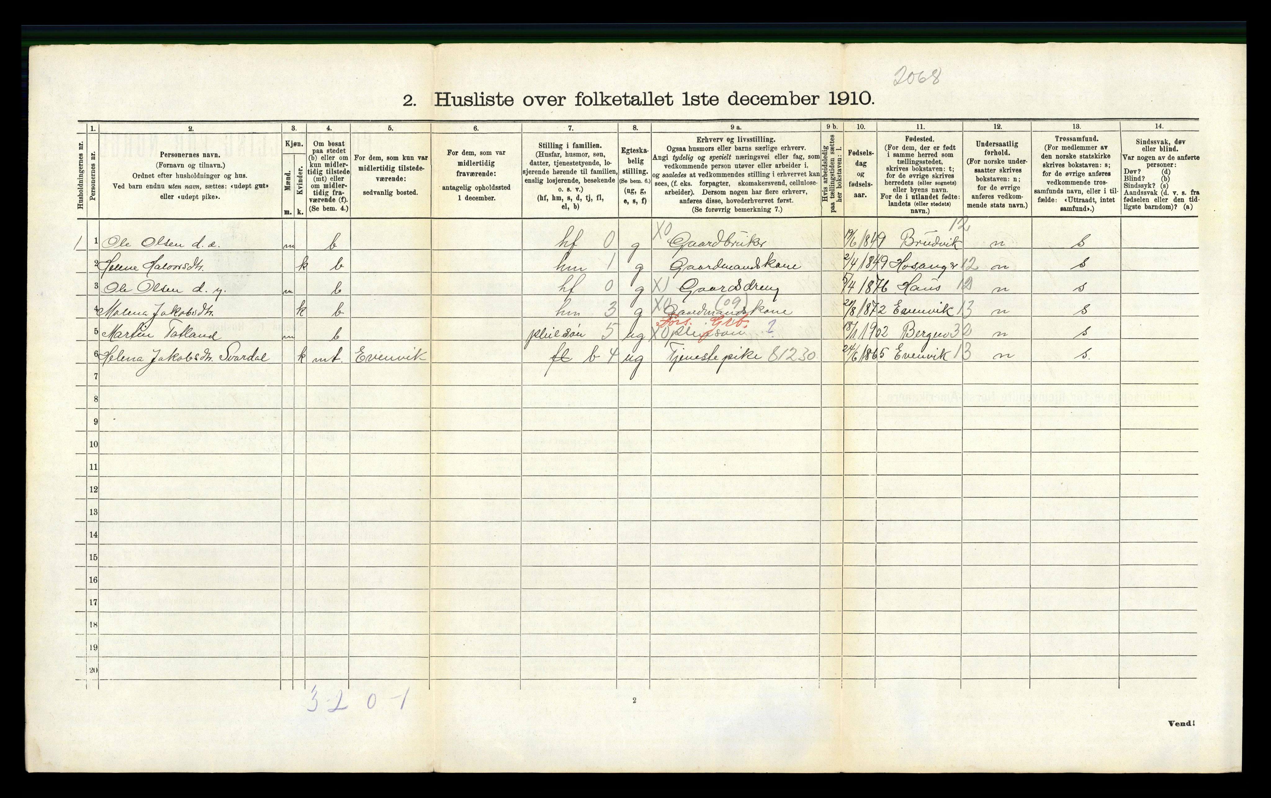 RA, 1910 census for Fana, 1910, p. 2190