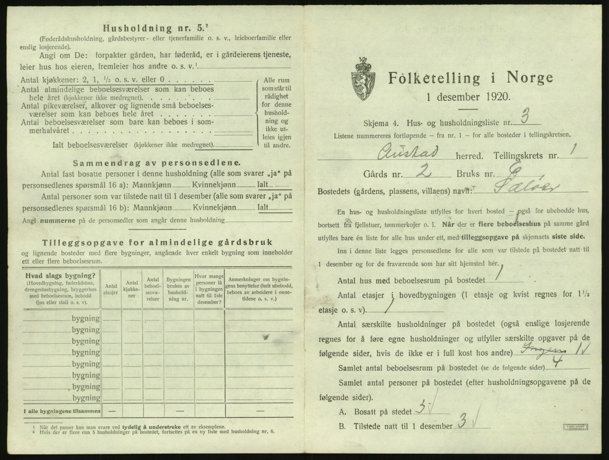 SAK, 1920 census for Austad, 1920, p. 43