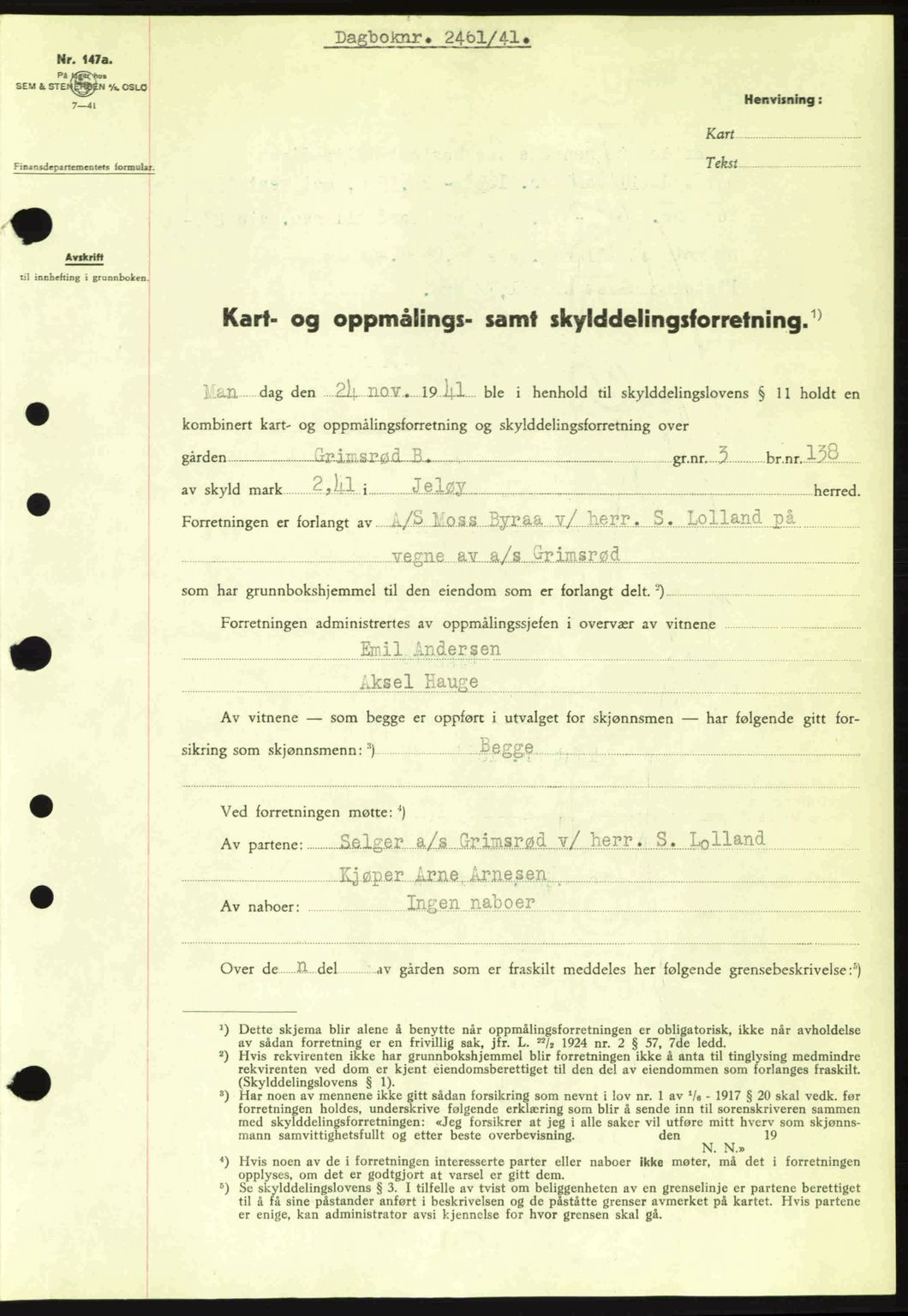 Moss sorenskriveri, SAO/A-10168: Mortgage book no. A9, 1941-1942, Diary no: : 2461/1941