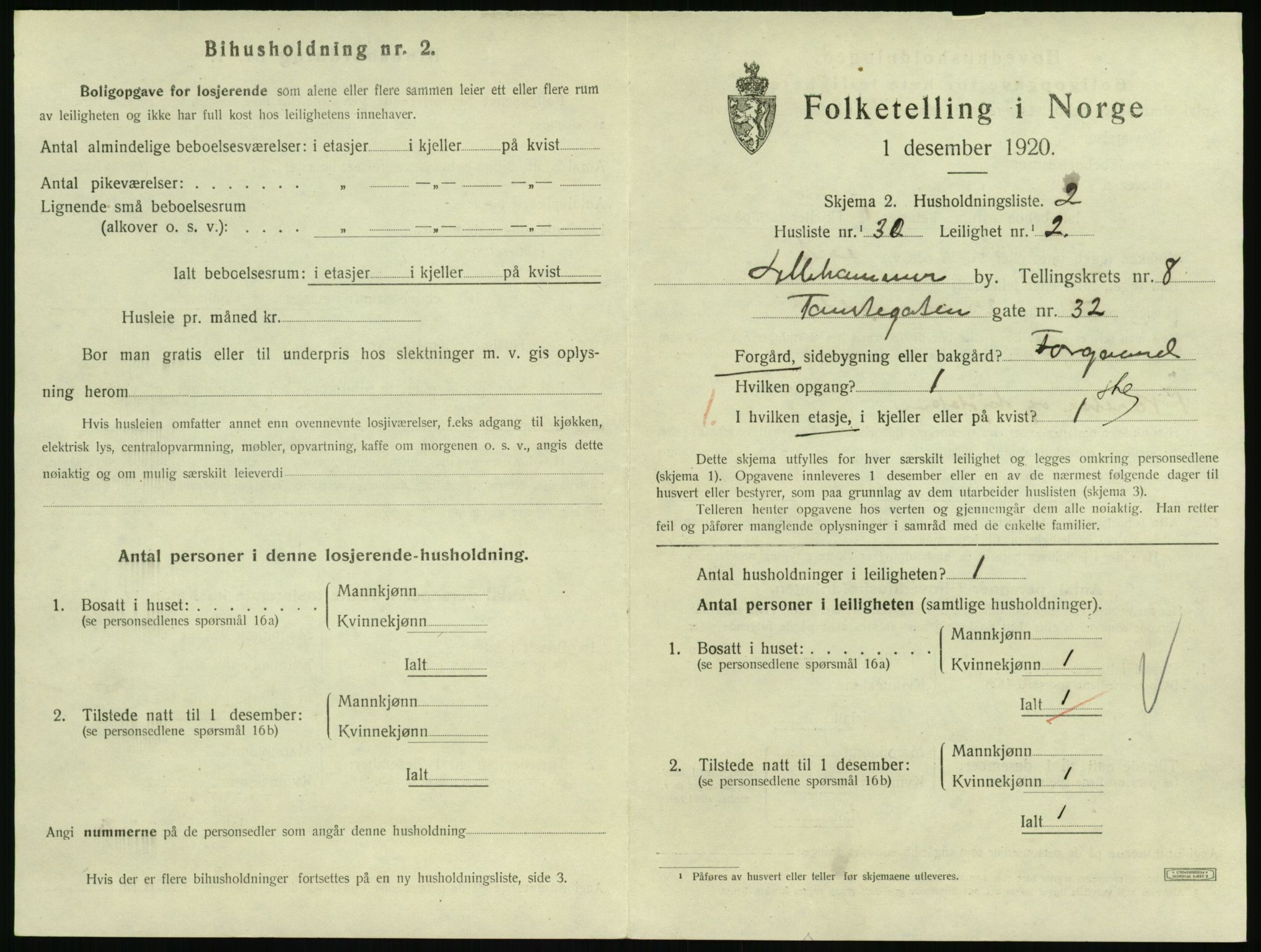 SAH, 1920 census for Lillehammer, 1920, p. 2944