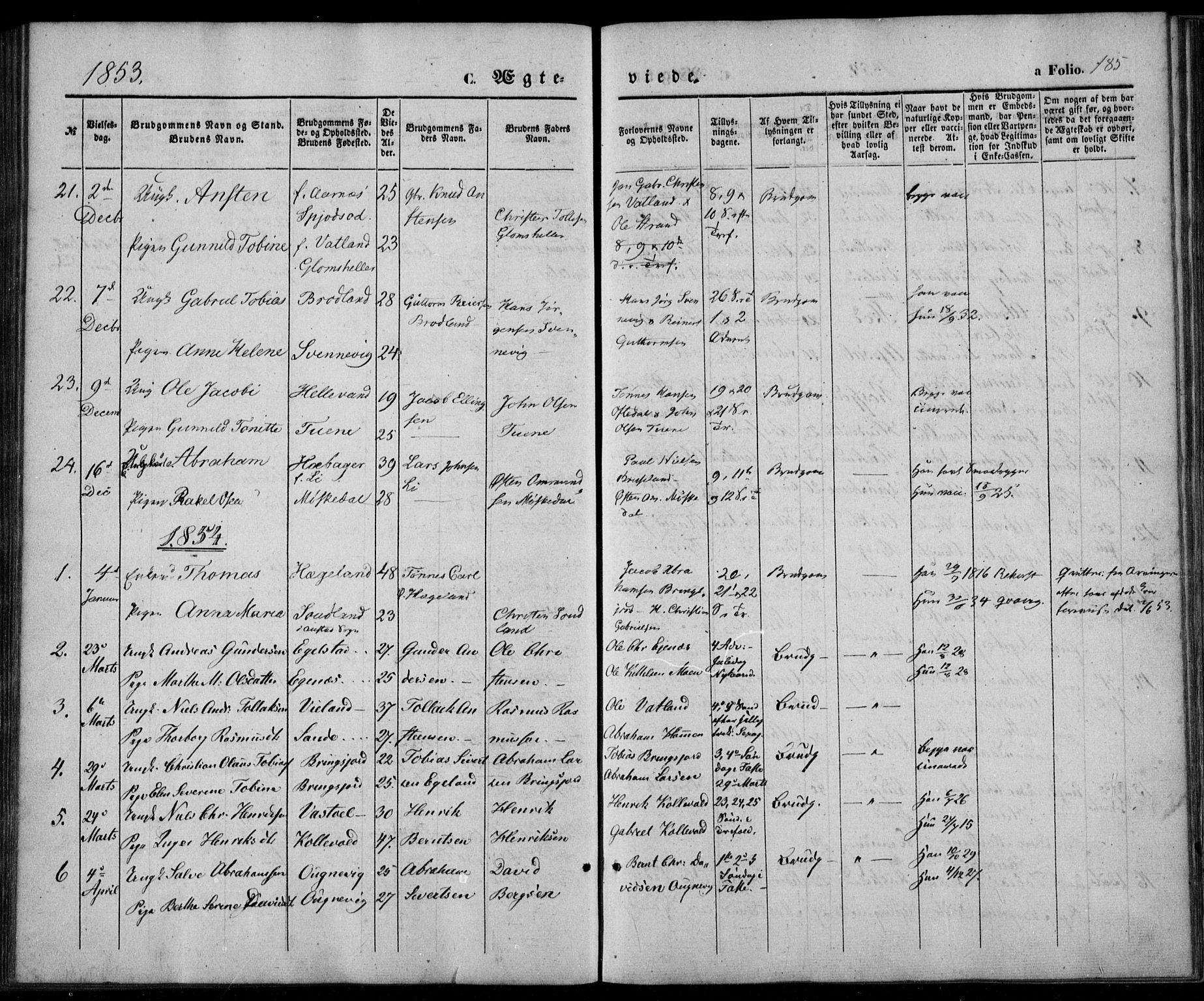 Lyngdal sokneprestkontor, SAK/1111-0029/F/Fa/Fac/L0009: Parish register (official) no. A 9, 1852-1864, p. 185