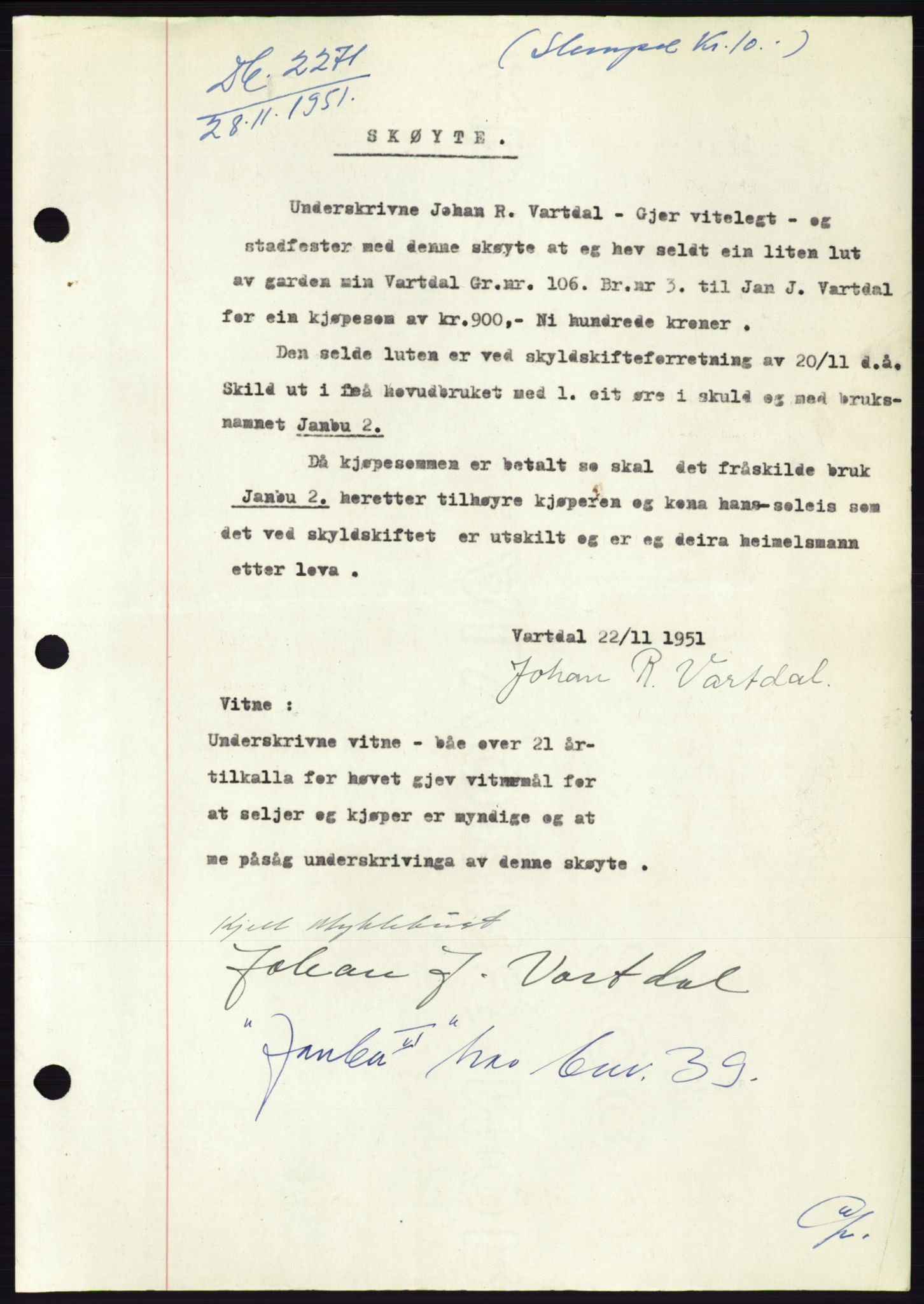 Søre Sunnmøre sorenskriveri, AV/SAT-A-4122/1/2/2C/L0090: Mortgage book no. 16A, 1951-1951, Diary no: : 2271/1951