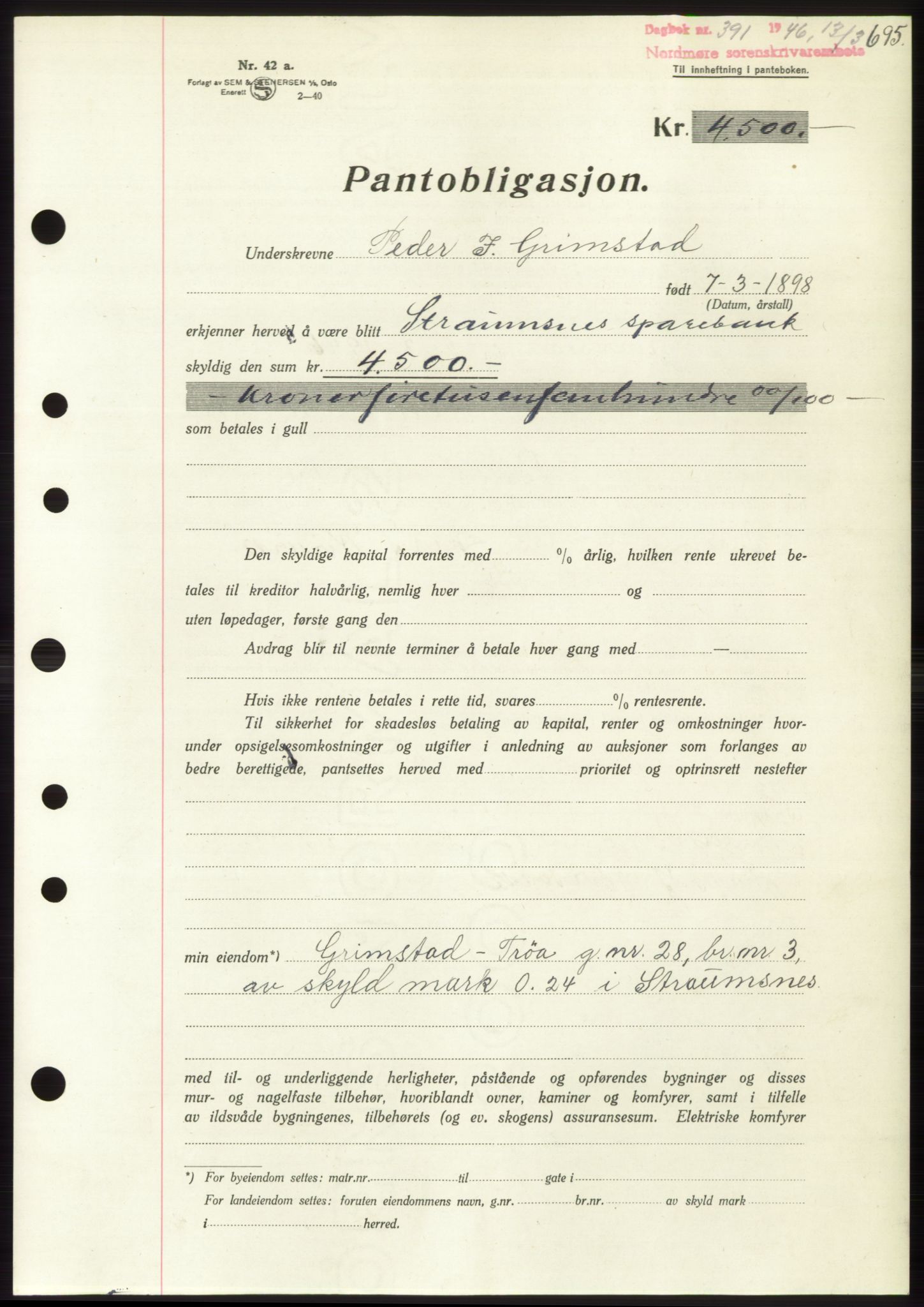 Nordmøre sorenskriveri, AV/SAT-A-4132/1/2/2Ca: Mortgage book no. B93b, 1946-1946, Diary no: : 391/1946