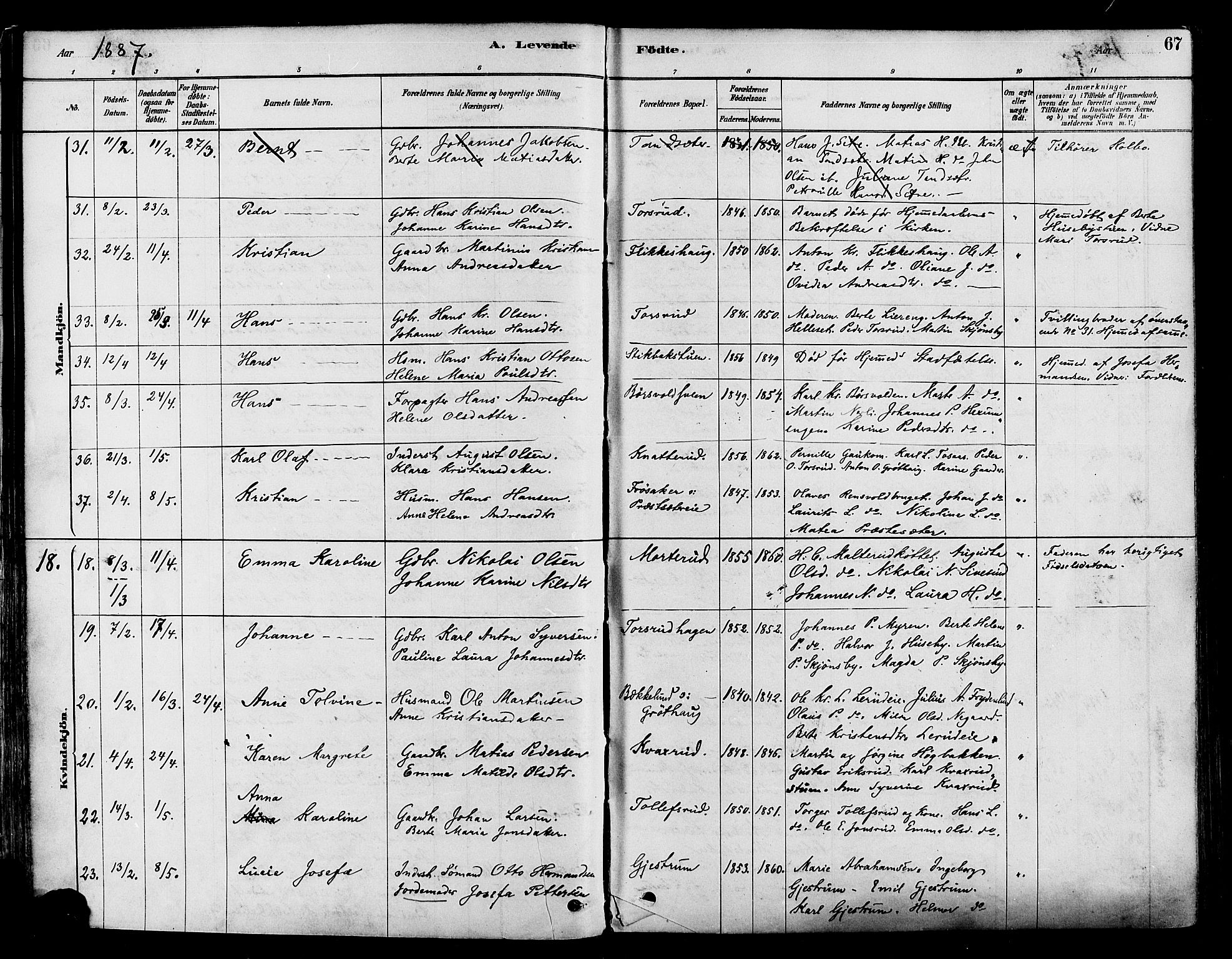 Vestre Toten prestekontor, SAH/PREST-108/H/Ha/Haa/L0009: Parish register (official) no. 9, 1878-1894, p. 67