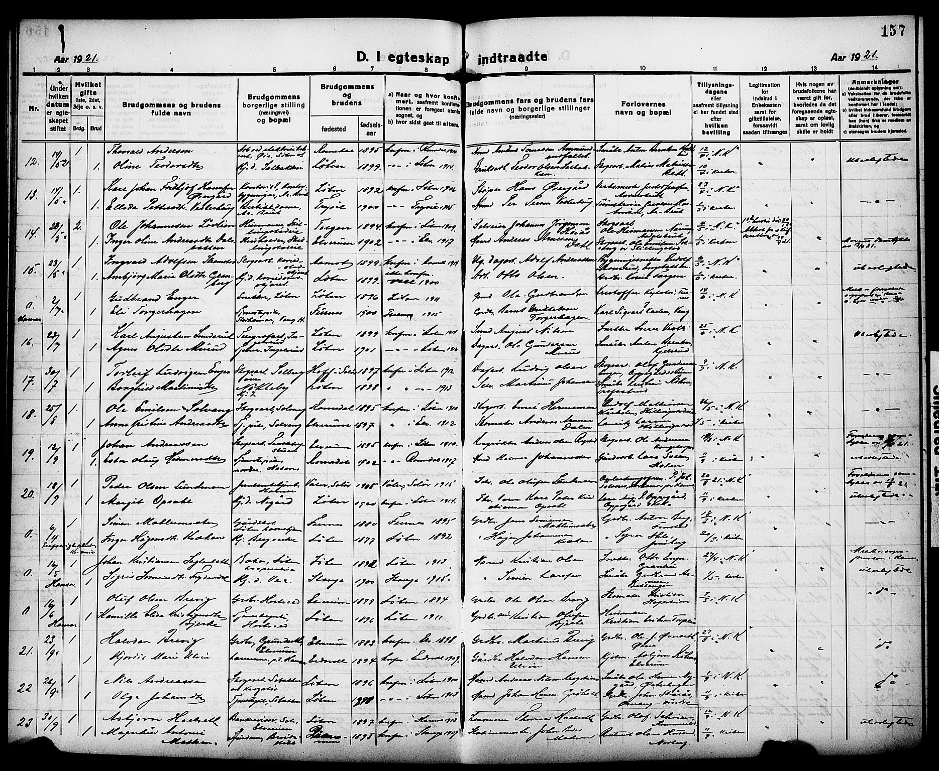 Løten prestekontor, AV/SAH-PREST-022/L/La/L0008: Parish register (copy) no. 8, 1920-1929, p. 157