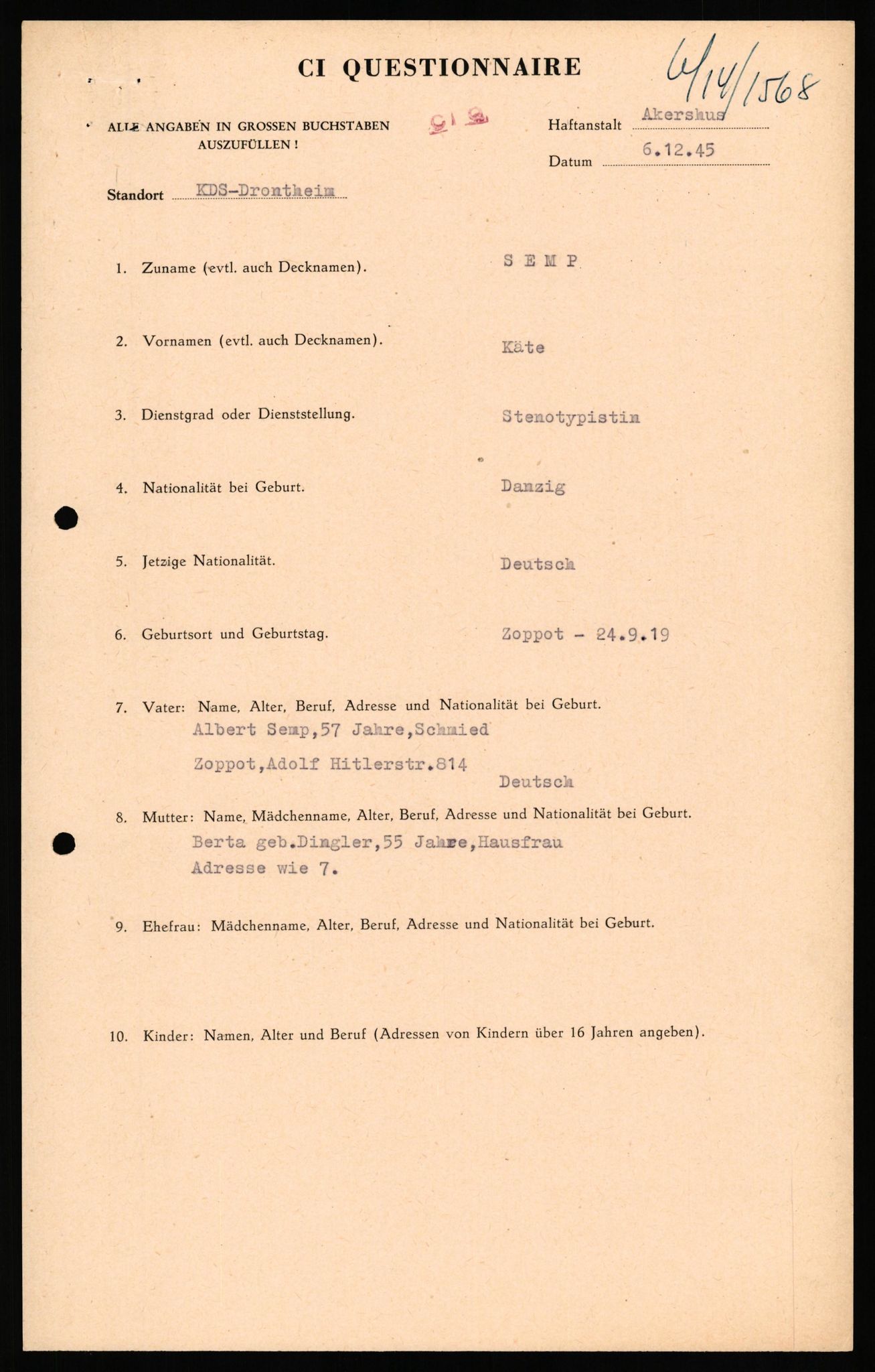 Forsvaret, Forsvarets overkommando II, AV/RA-RAFA-3915/D/Db/L0032: CI Questionaires. Tyske okkupasjonsstyrker i Norge. Tyskere., 1945-1946, p. 2