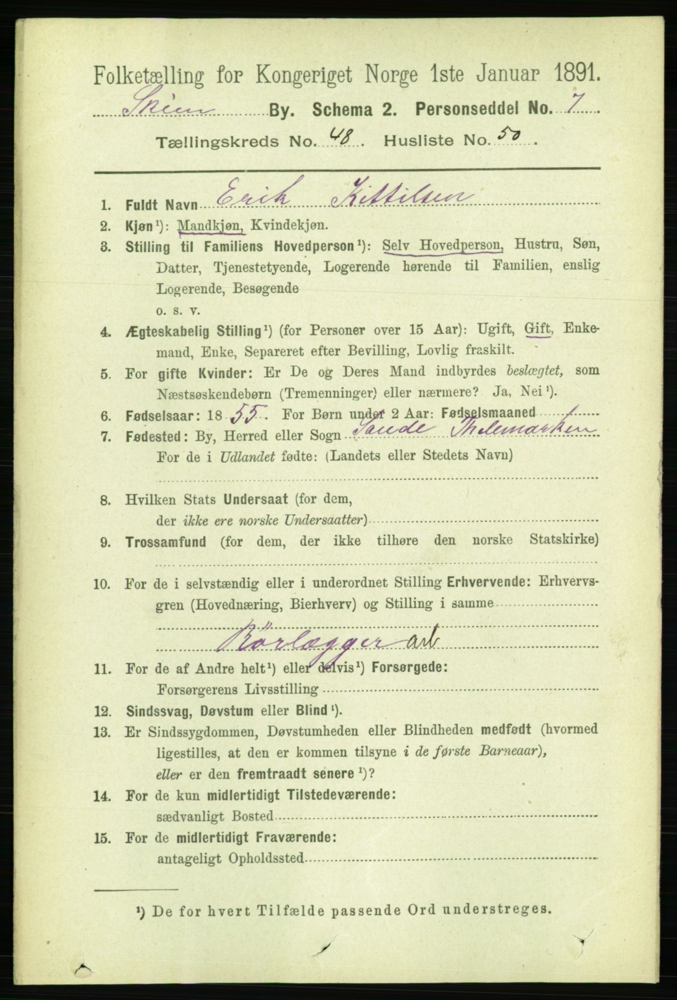 RA, 1891 census for 0806 Skien, 1891, p. 10284