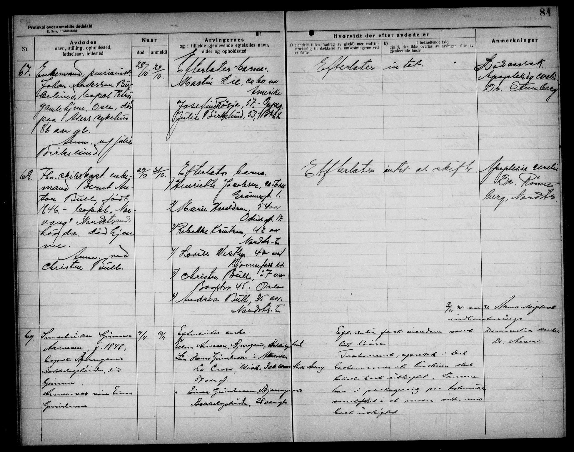 Aker kriminaldommer, skifte- og auksjonsforvalterembete, AV/SAO-A-10452/H/Hb/Hba/Hbad/L0001: Dødsfallsprotokoll for Nordstrand, 1922-1929, p. 84