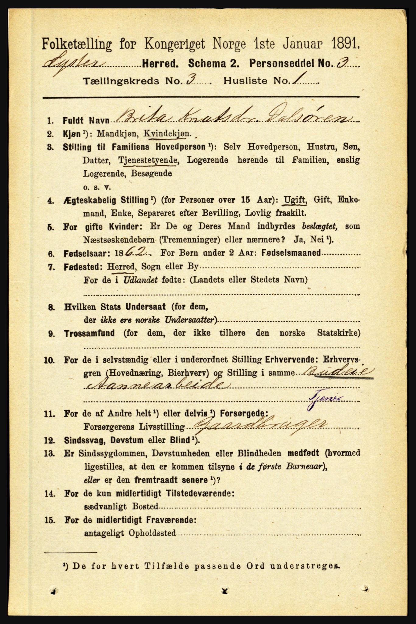 RA, 1891 census for 1426 Luster, 1891, p. 1155