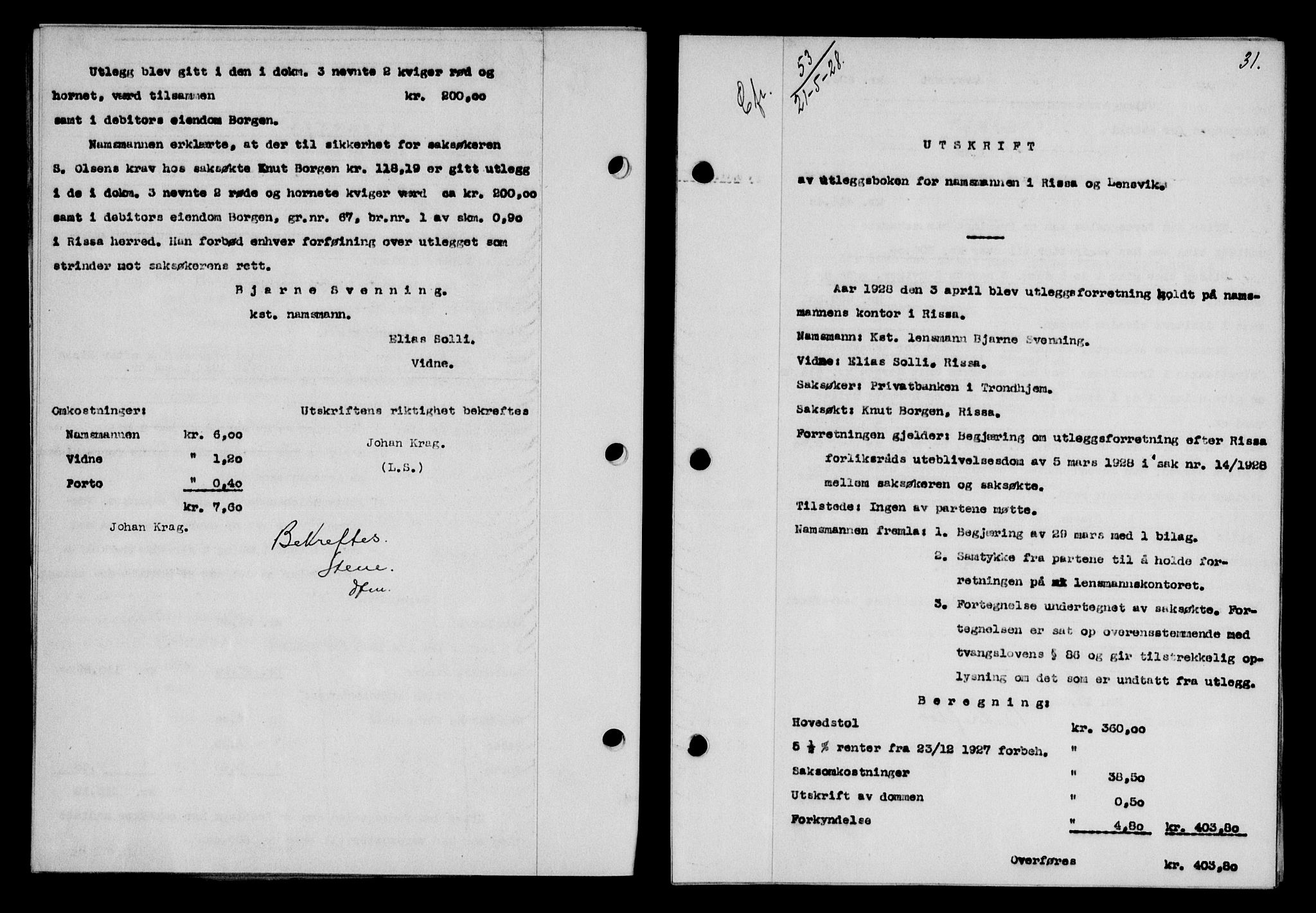 Fosen sorenskriveri, AV/SAT-A-1107/1/2/2C/L0067: Mortgage book no. 58, 1928-1929, p. 31, Deed date: 21.05.1928