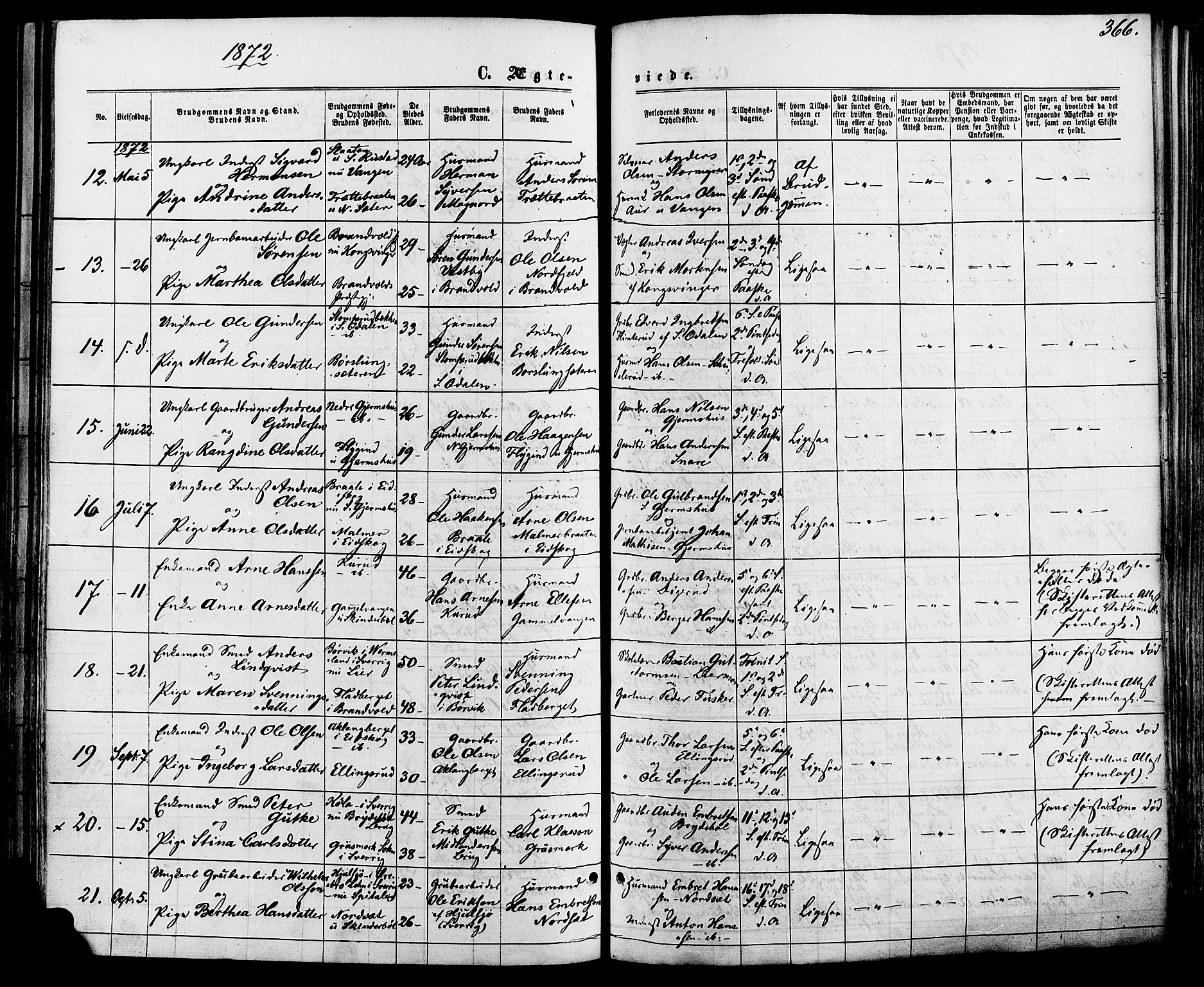 Vinger prestekontor, AV/SAH-PREST-024/H/Ha/Haa/L0012: Parish register (official) no. 12, 1871-1880, p. 366