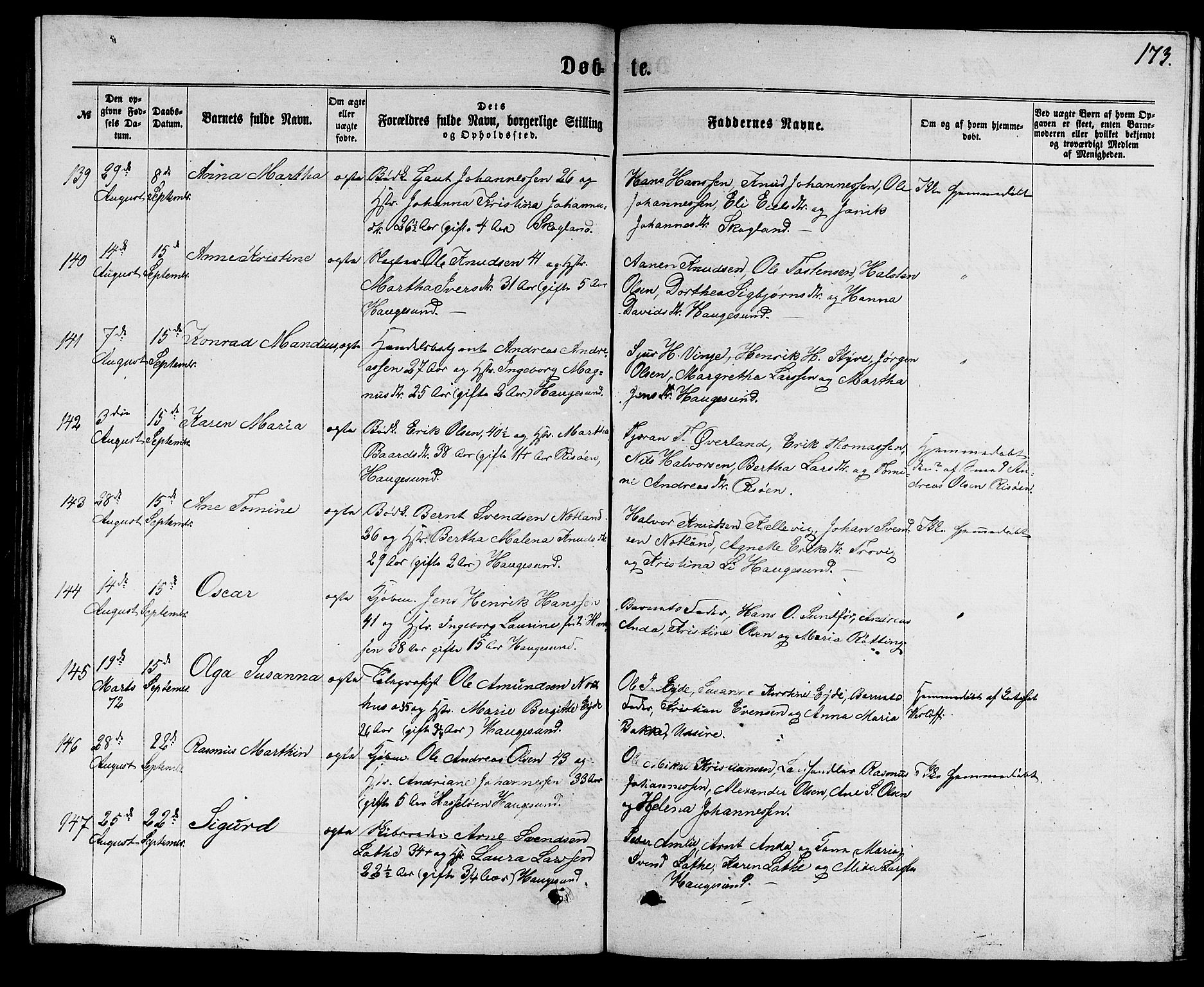 Torvastad sokneprestkontor, SAST/A -101857/H/Ha/Hab/L0007: Parish register (copy) no. B 7, 1866-1873, p. 173