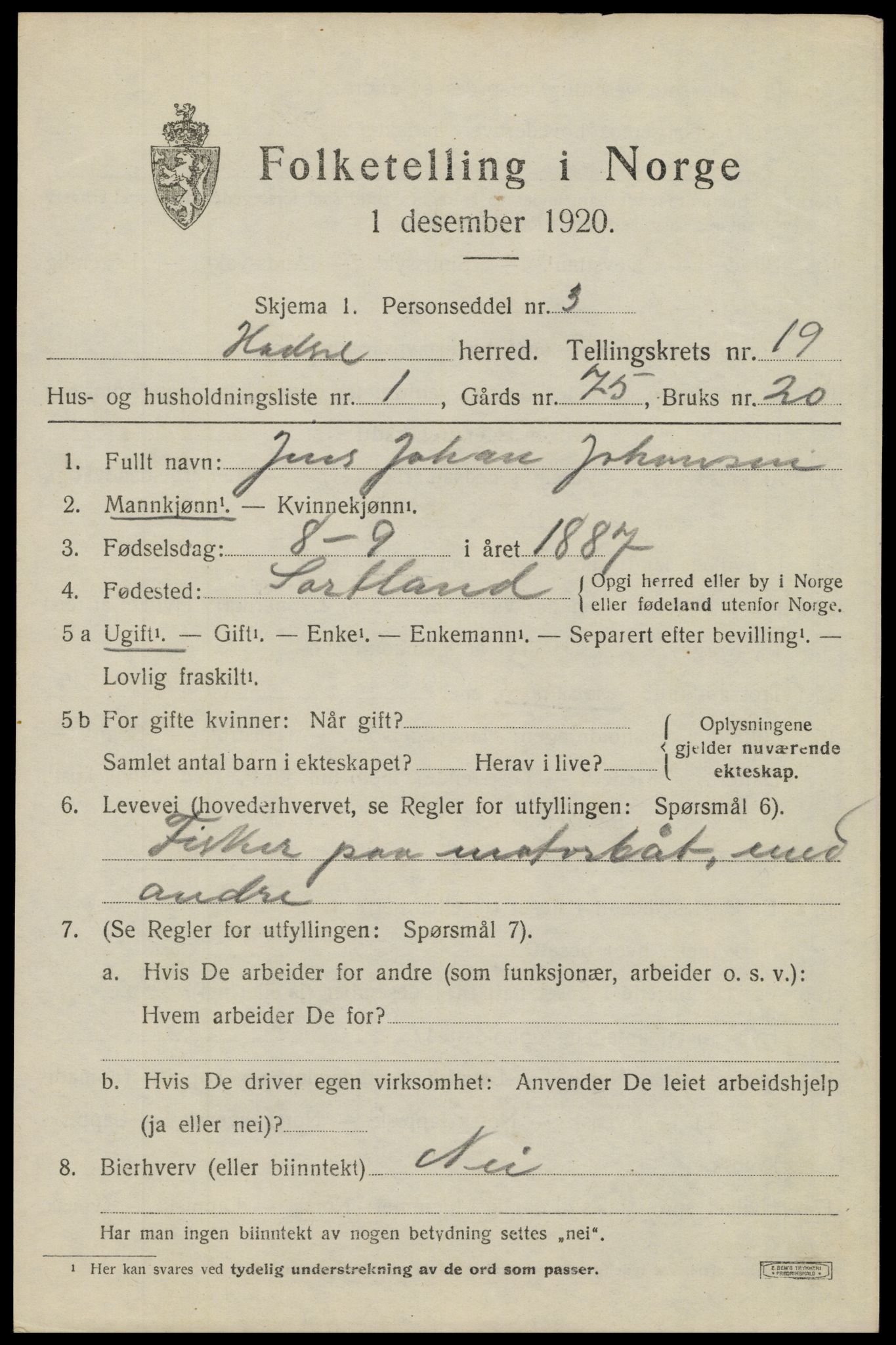 SAT, 1920 census for Hadsel, 1920, p. 17142