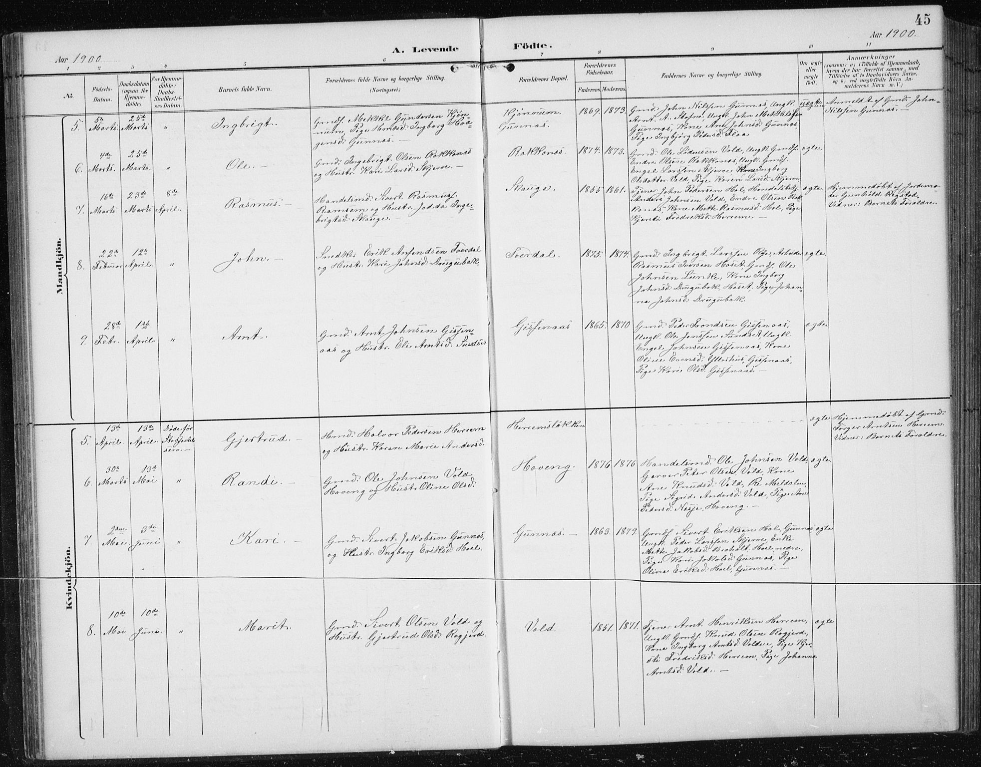 Ministerialprotokoller, klokkerbøker og fødselsregistre - Sør-Trøndelag, SAT/A-1456/674/L0876: Parish register (copy) no. 674C03, 1892-1912, p. 45