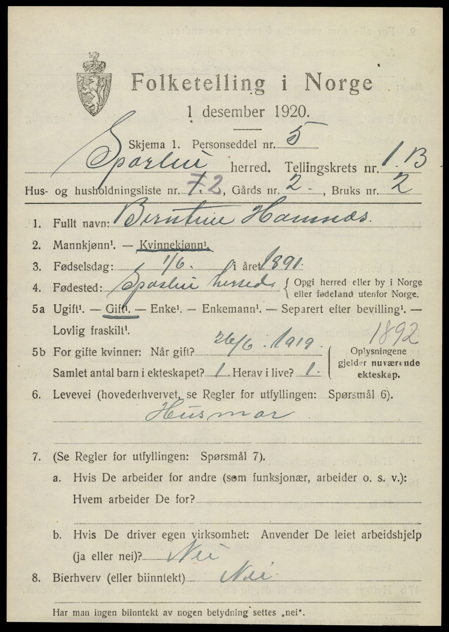 SAT, 1920 census for Sparbu, 1920, p. 1953