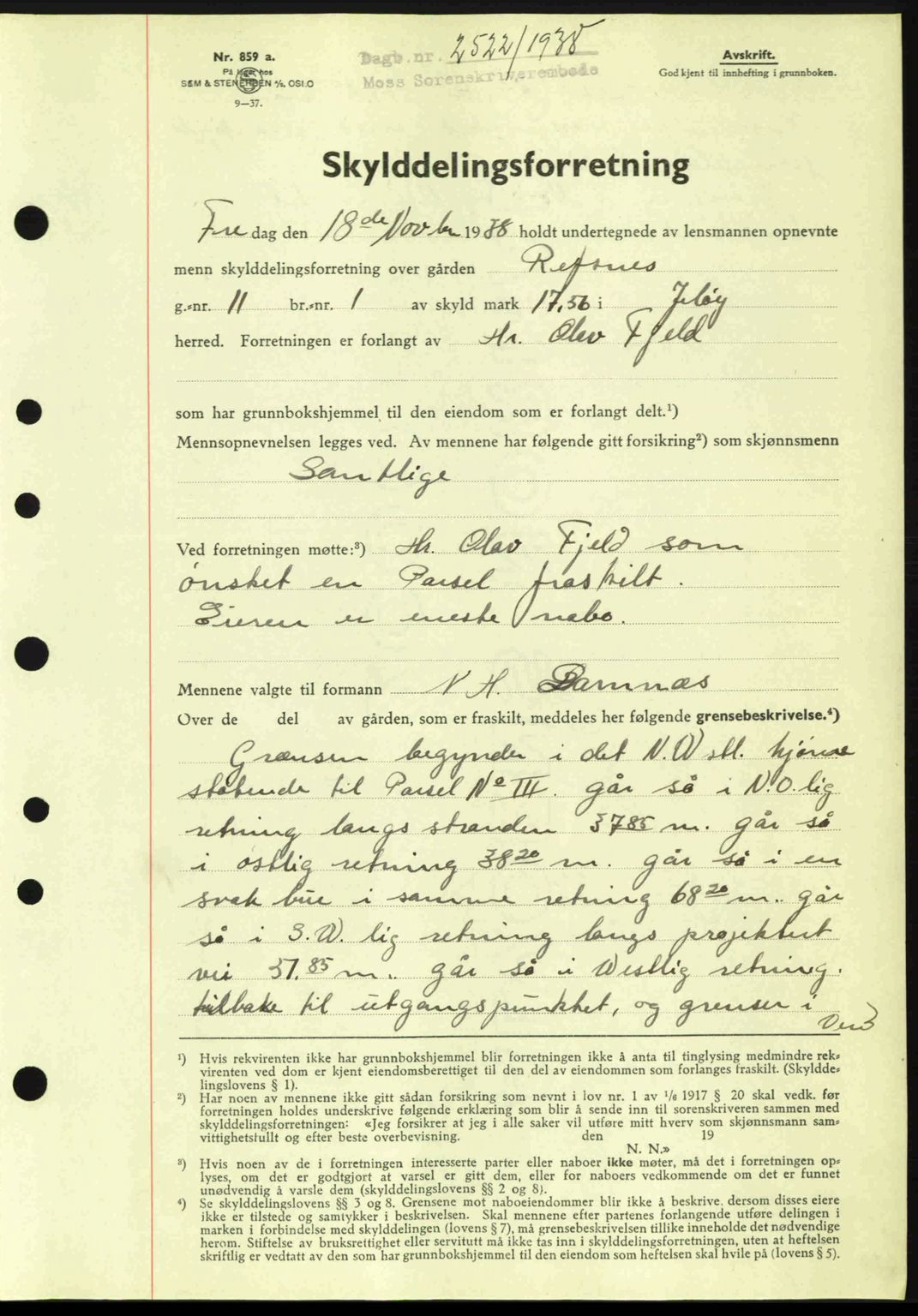 Moss sorenskriveri, SAO/A-10168: Mortgage book no. A5, 1938-1939, Diary no: : 2522/1938