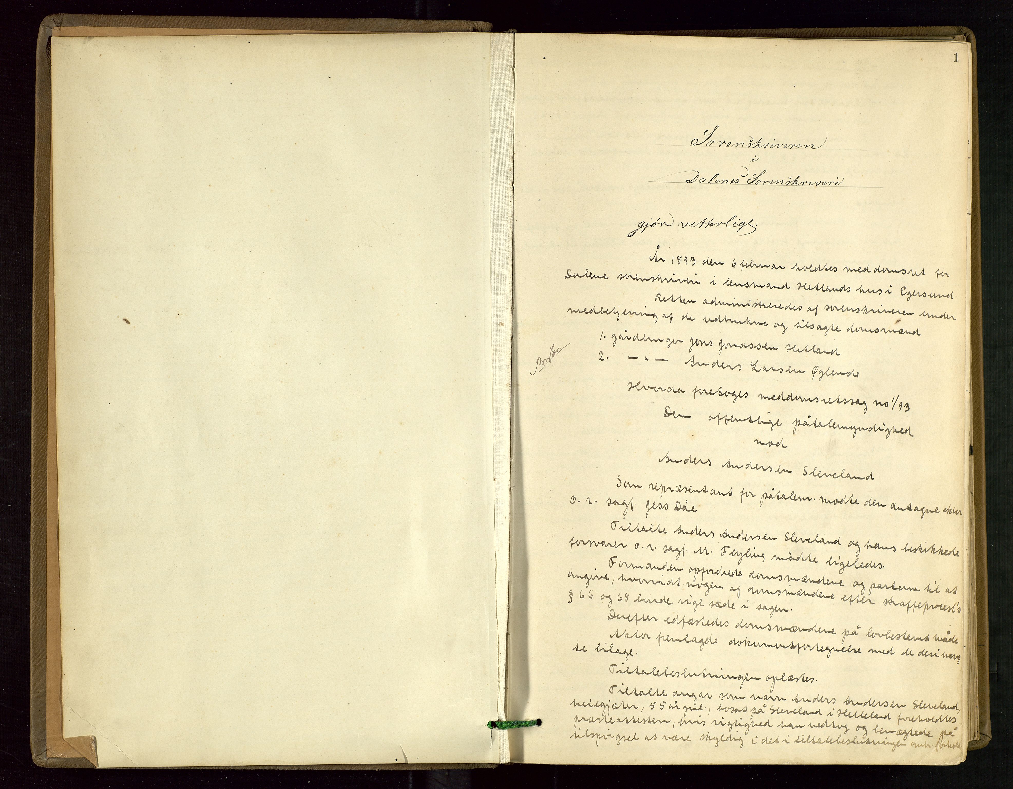 Dalane sorenskriveri, SAST/A-100309/001/3/30/30BB/L0009: EKSTRARETTSPROTOKOLL, 1893-1900, p. 1