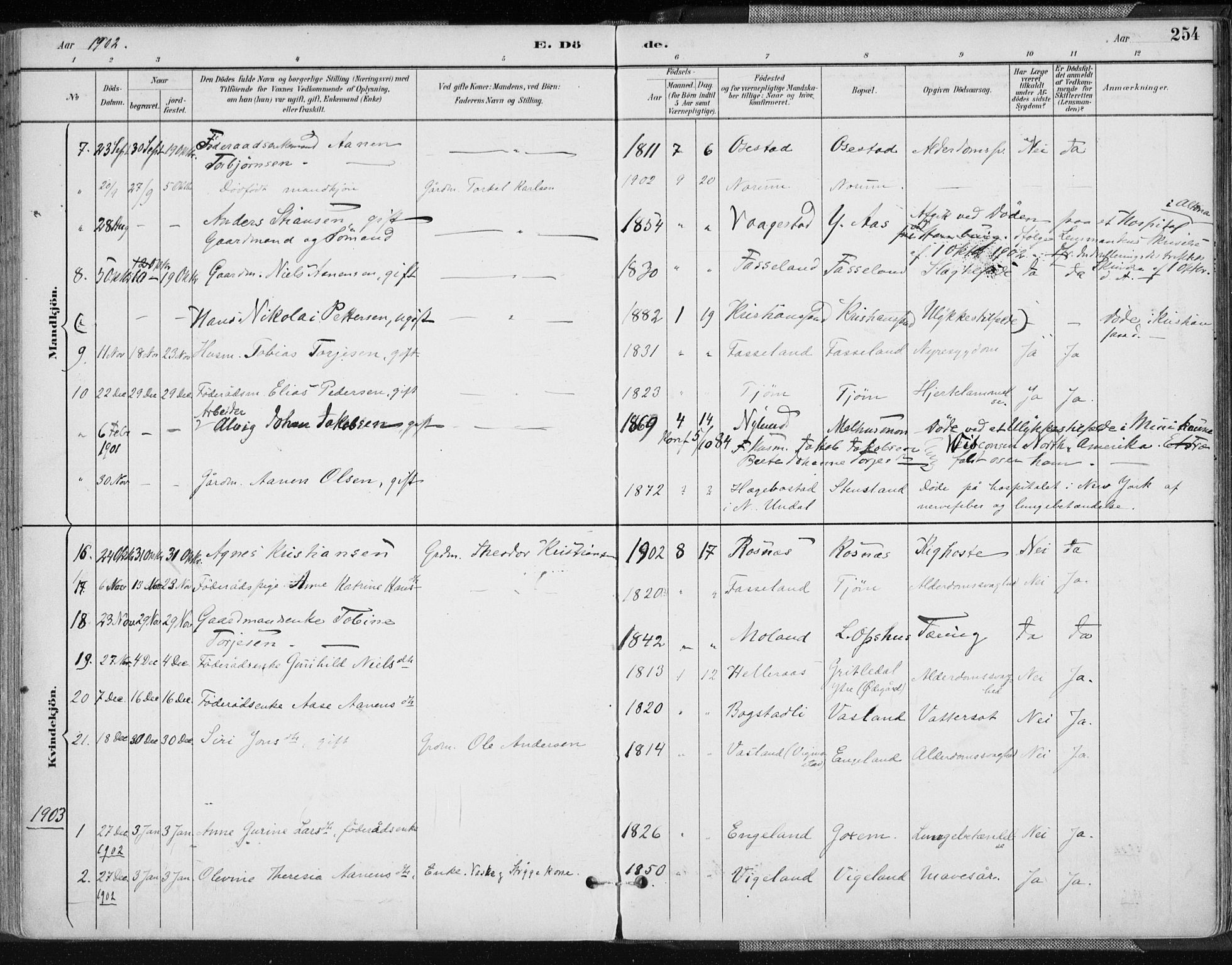 Sør-Audnedal sokneprestkontor, AV/SAK-1111-0039/F/Fa/Fab/L0010: Parish register (official) no. A 10, 1892-1913, p. 254