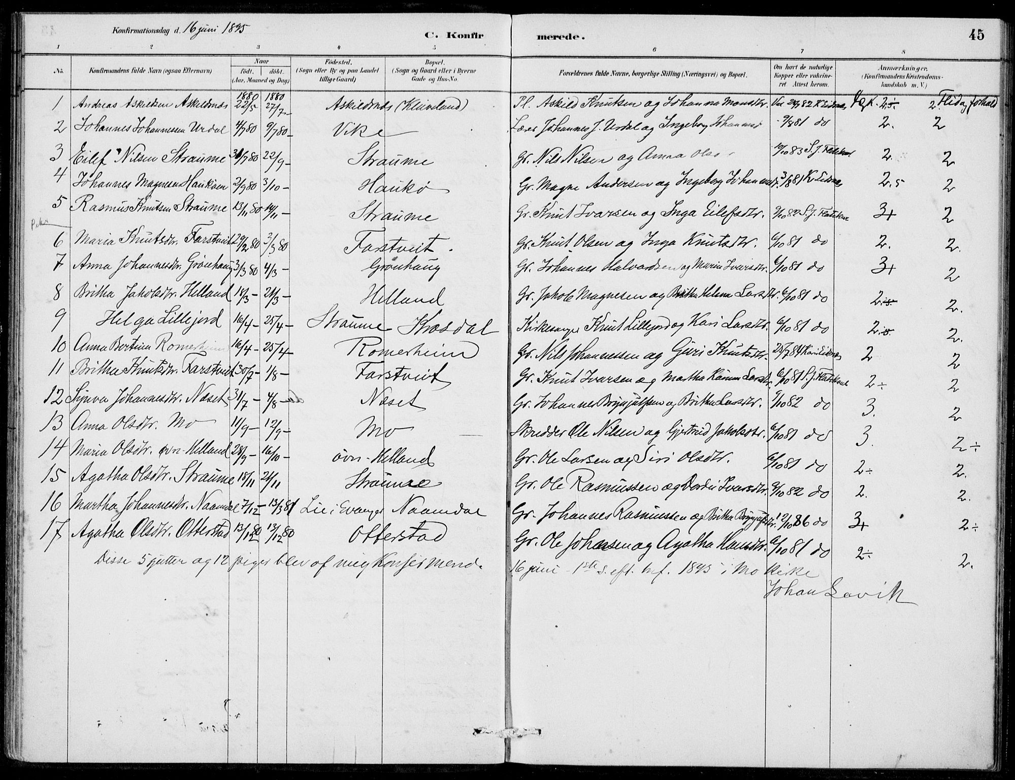 Hosanger sokneprestembete, SAB/A-75801/H/Haa: Parish register (official) no. C  1, 1880-1900, p. 45