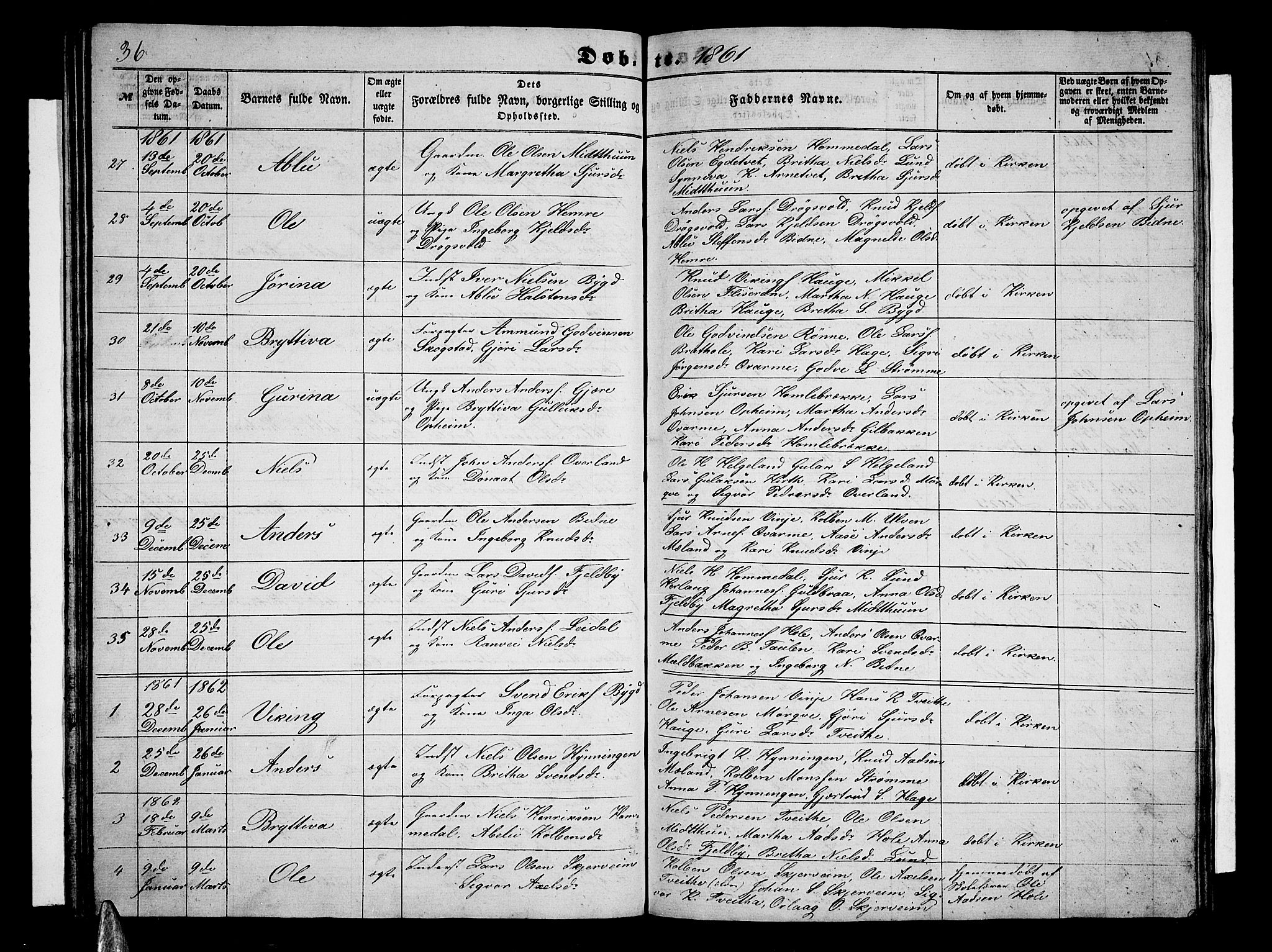 Vossestrand Sokneprestembete, SAB/A-79101/H/Hab: Parish register (copy) no. B 1, 1855-1867, p. 36