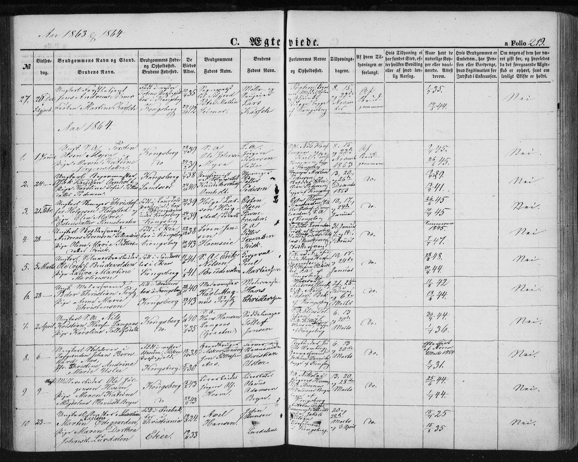 Kongsberg kirkebøker, SAKO/A-22/F/Fa/L0010: Parish register (official) no. I 10, 1859-1875, p. 219