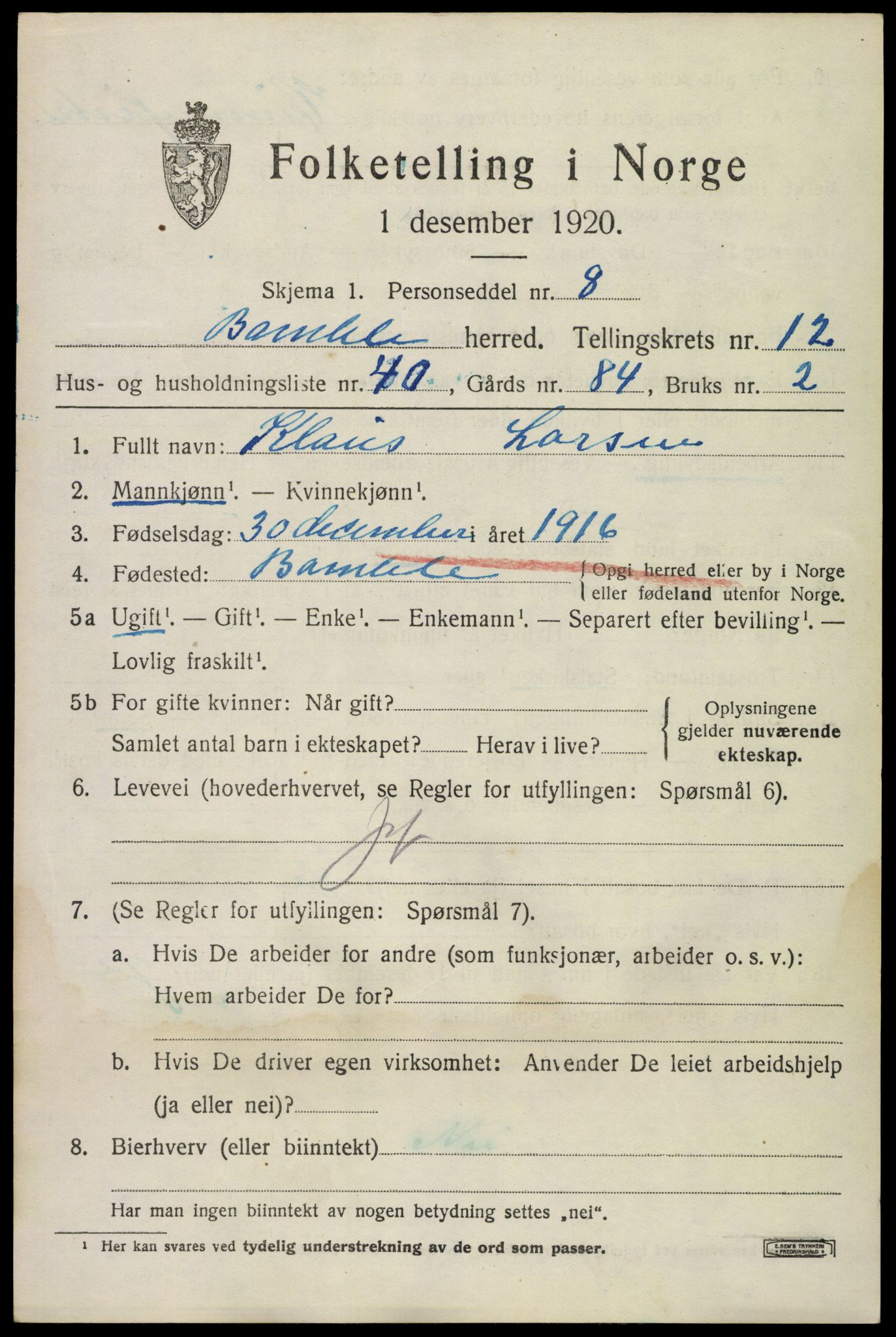 SAKO, 1920 census for Bamble, 1920, p. 9521