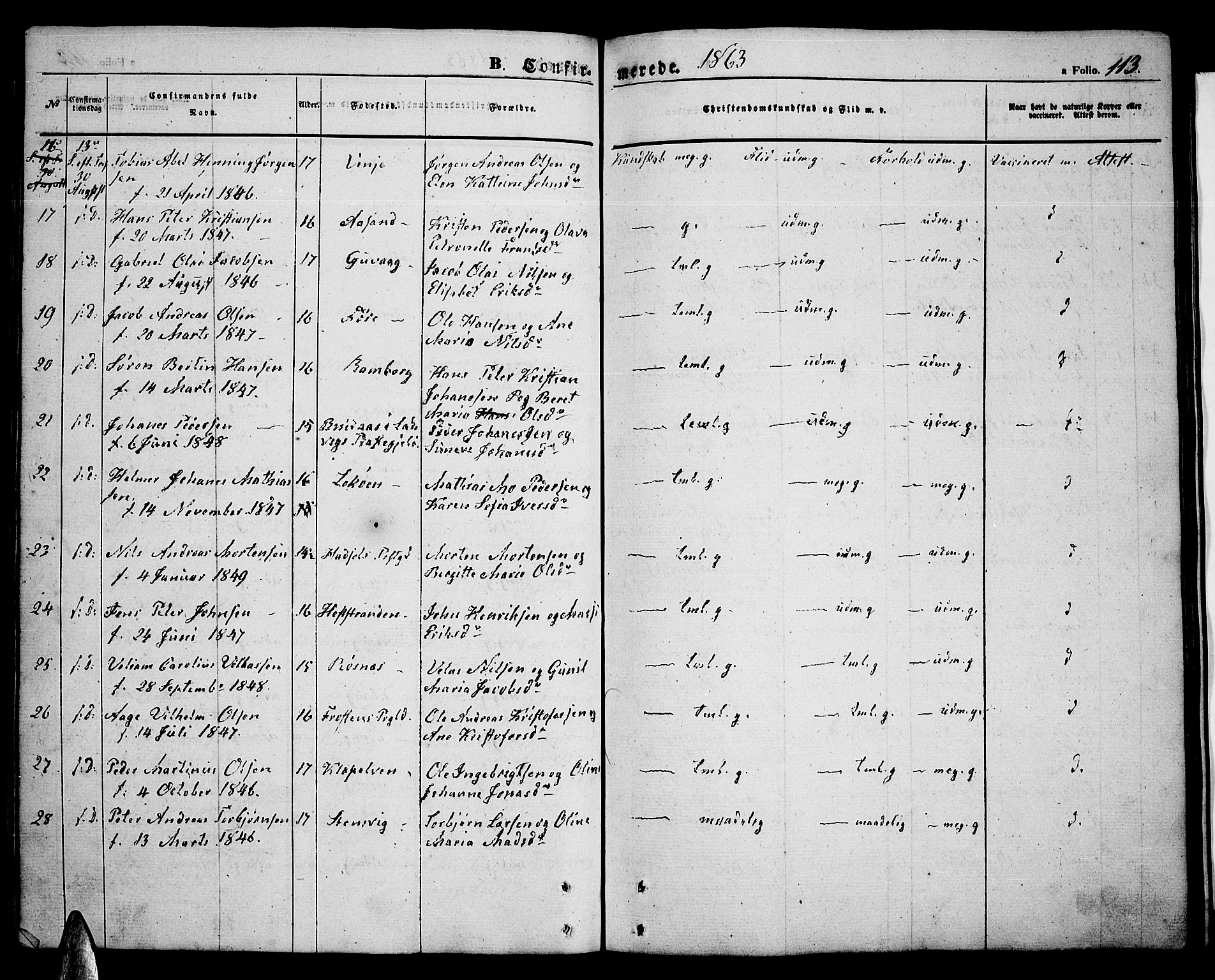 Ministerialprotokoller, klokkerbøker og fødselsregistre - Nordland, SAT/A-1459/891/L1313: Parish register (copy) no. 891C02, 1856-1870, p. 113