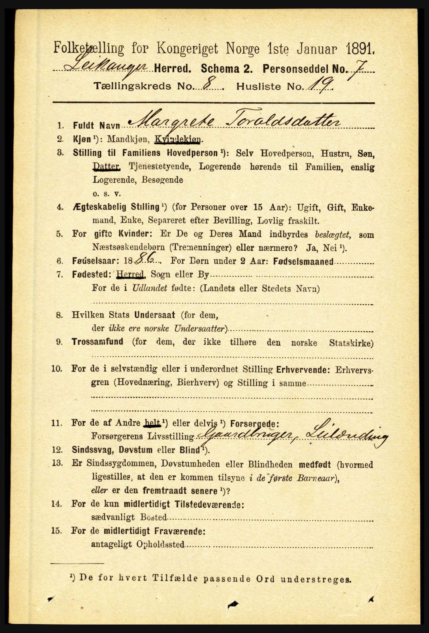 RA, 1891 census for 1419 Leikanger, 1891, p. 1739