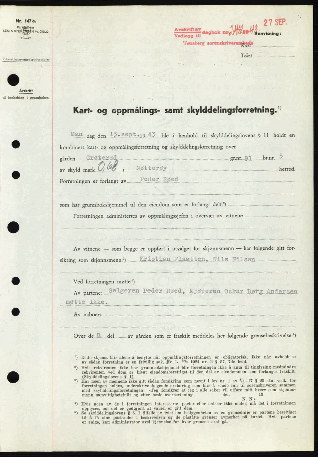 Tønsberg sorenskriveri, AV/SAKO-A-130/G/Ga/Gaa/L0014: Mortgage book no. A14, 1943-1944, Diary no: : 2422/1943