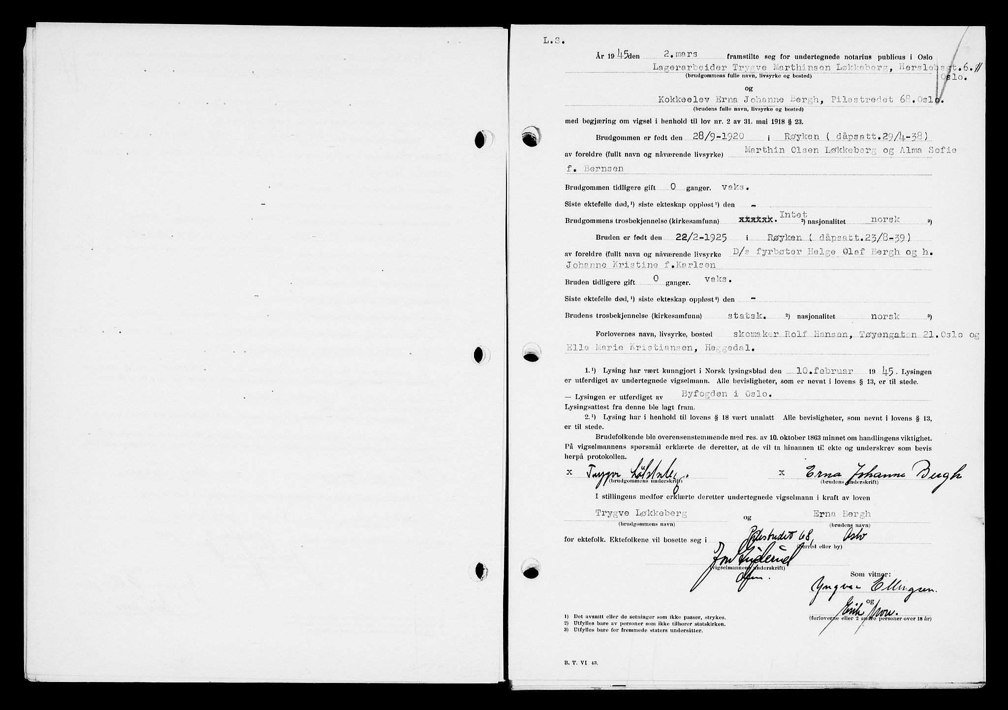 Oslo byfogd avd. I, AV/SAO-A-10220/L/Lb/Lbb/L0053: Notarialprotokoll, rekke II: Vigsler, 1945