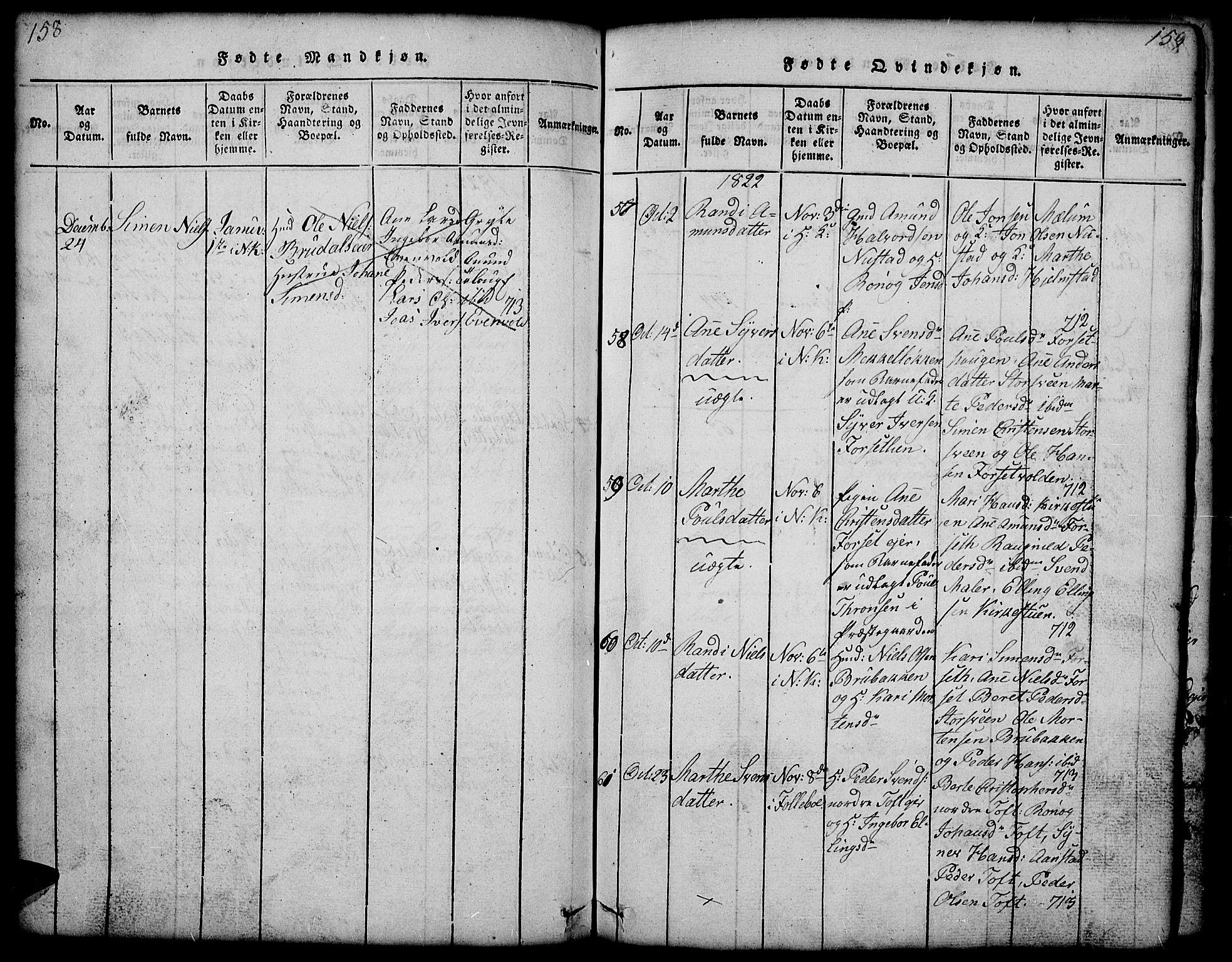 Gausdal prestekontor, SAH/PREST-090/H/Ha/Hab/L0001: Parish register (copy) no. 1, 1817-1848, p. 158-159