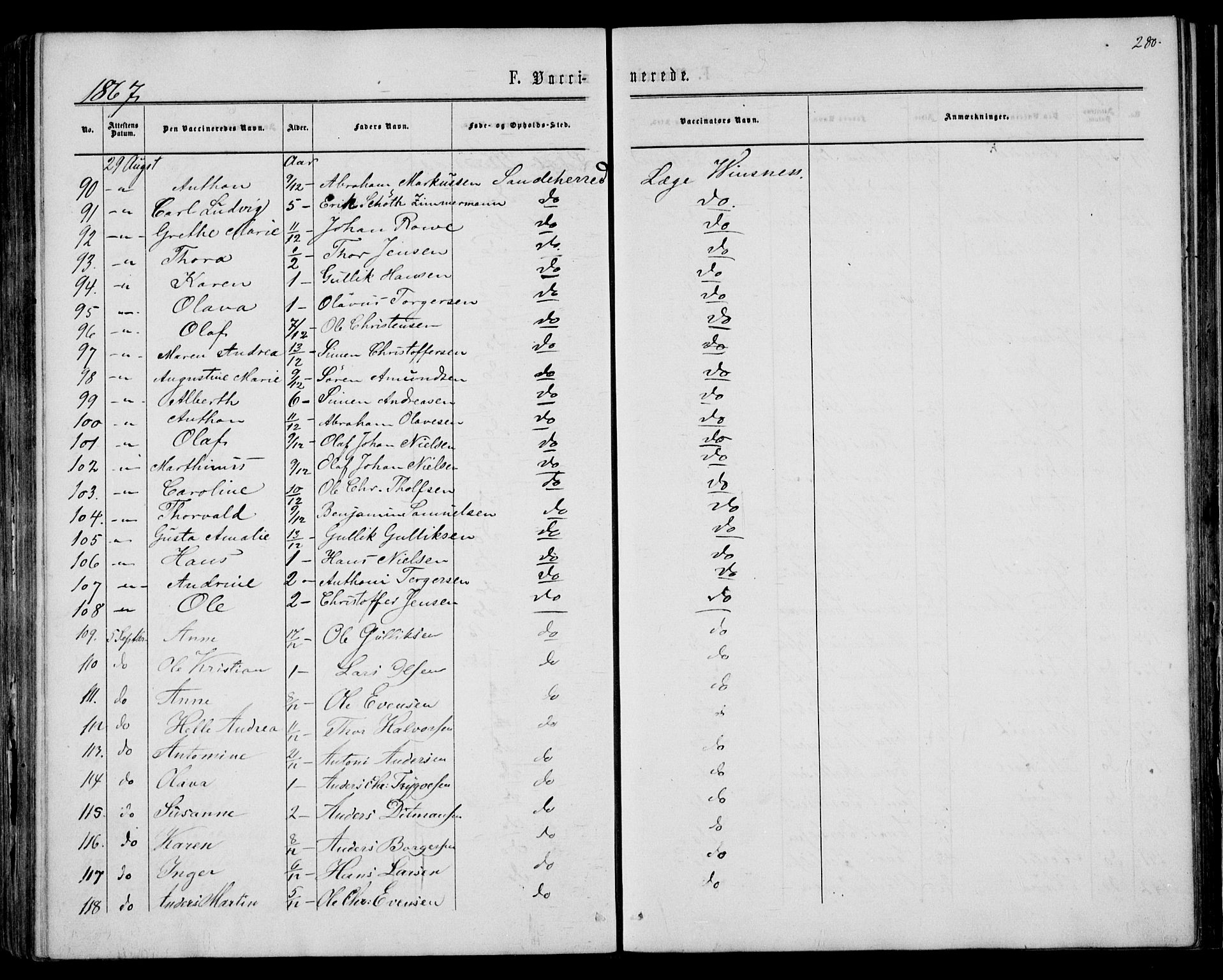 Sandar kirkebøker, AV/SAKO-A-243/F/Fa/L0009: Parish register (official) no. 9, 1862-1871, p. 280