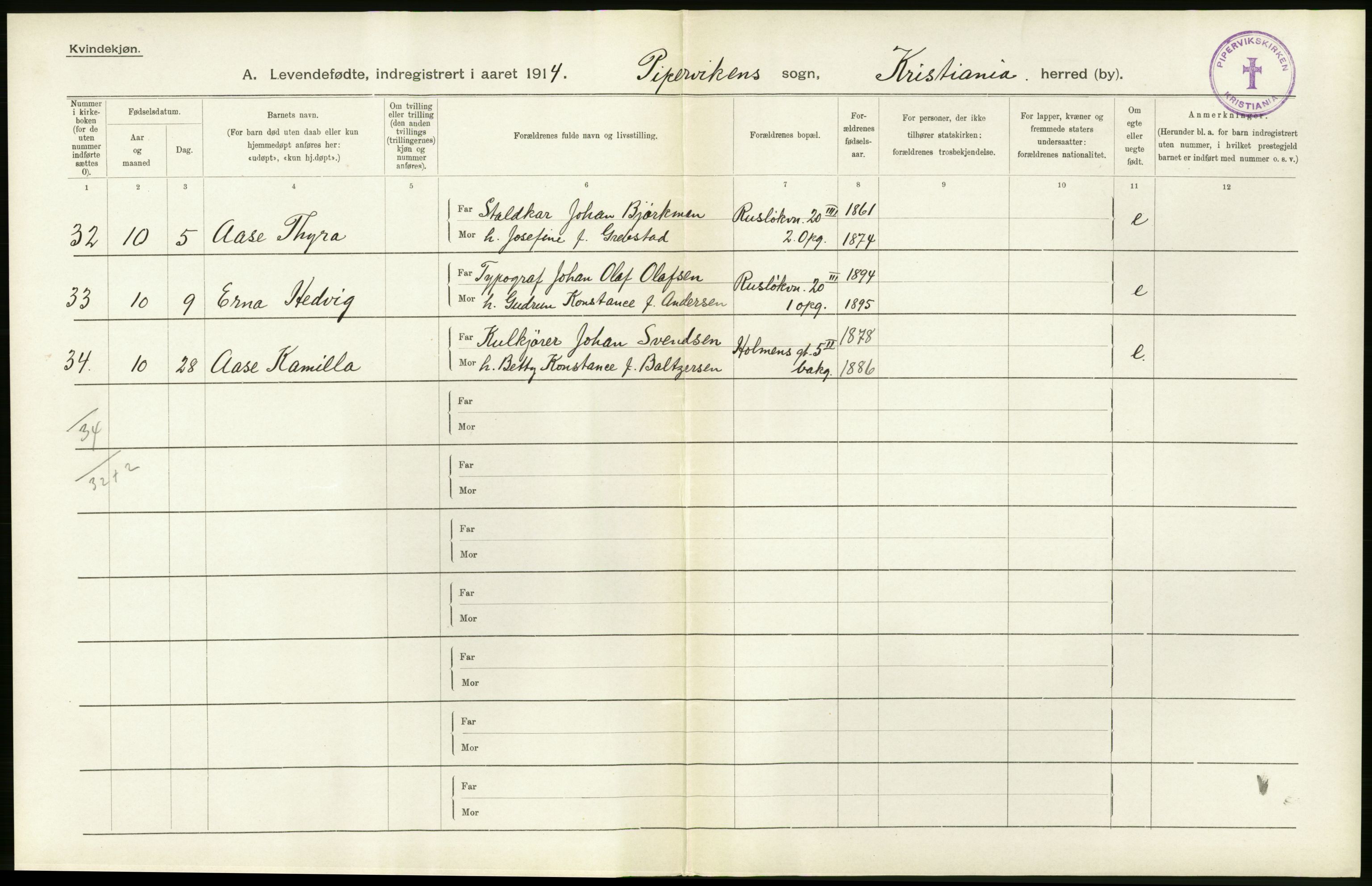 Statistisk sentralbyrå, Sosiodemografiske emner, Befolkning, AV/RA-S-2228/D/Df/Dfb/Dfbd/L0005: Kristiania: Levendefødte menn og kvinner., 1914, p. 16